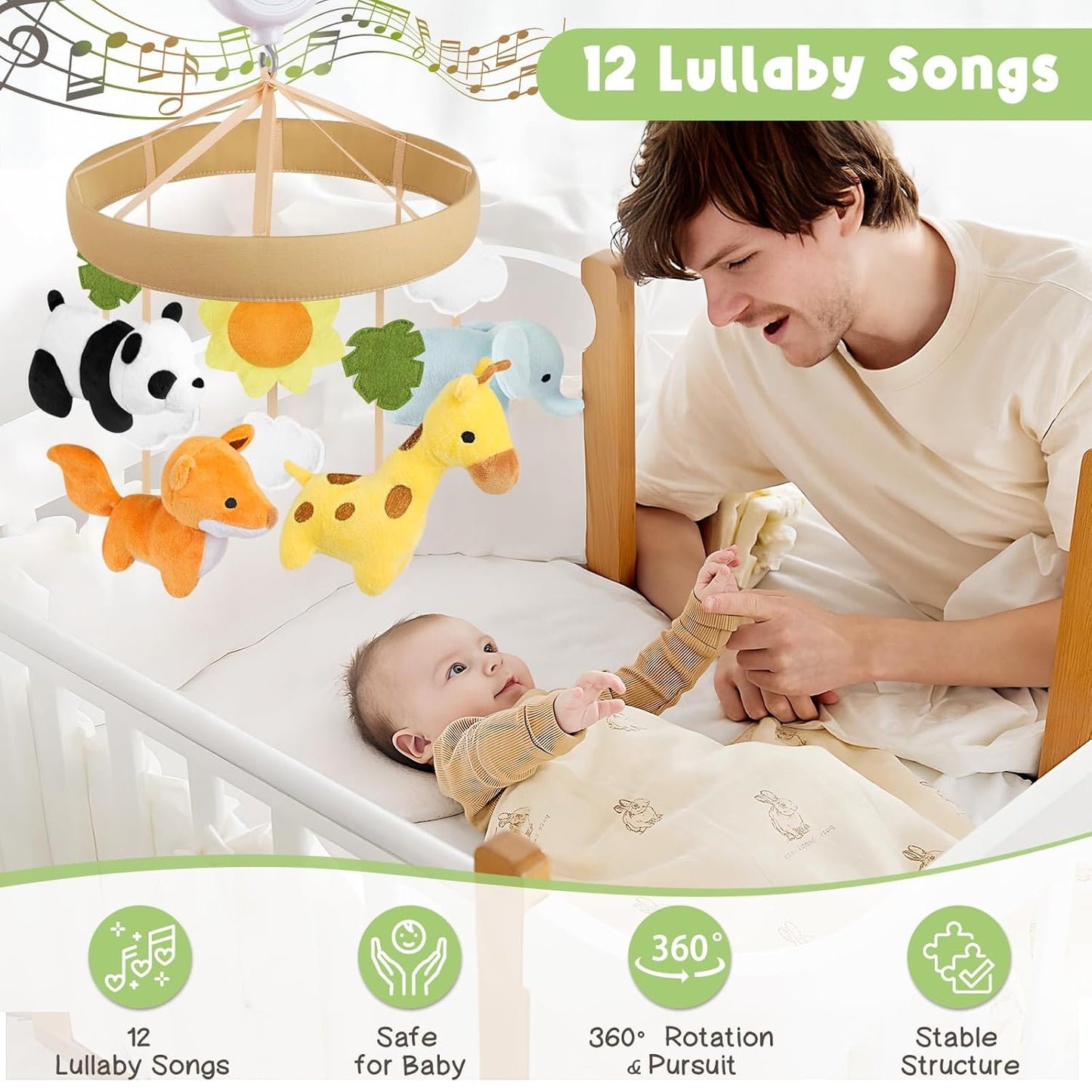 Animals Crib Mobile - Safari Baby Mobile for Crib with 12 Lullabies for Boys & Girls, Musical Baby Mobile for New Borns, Nursery Mobiles, Fits Standard Cribs