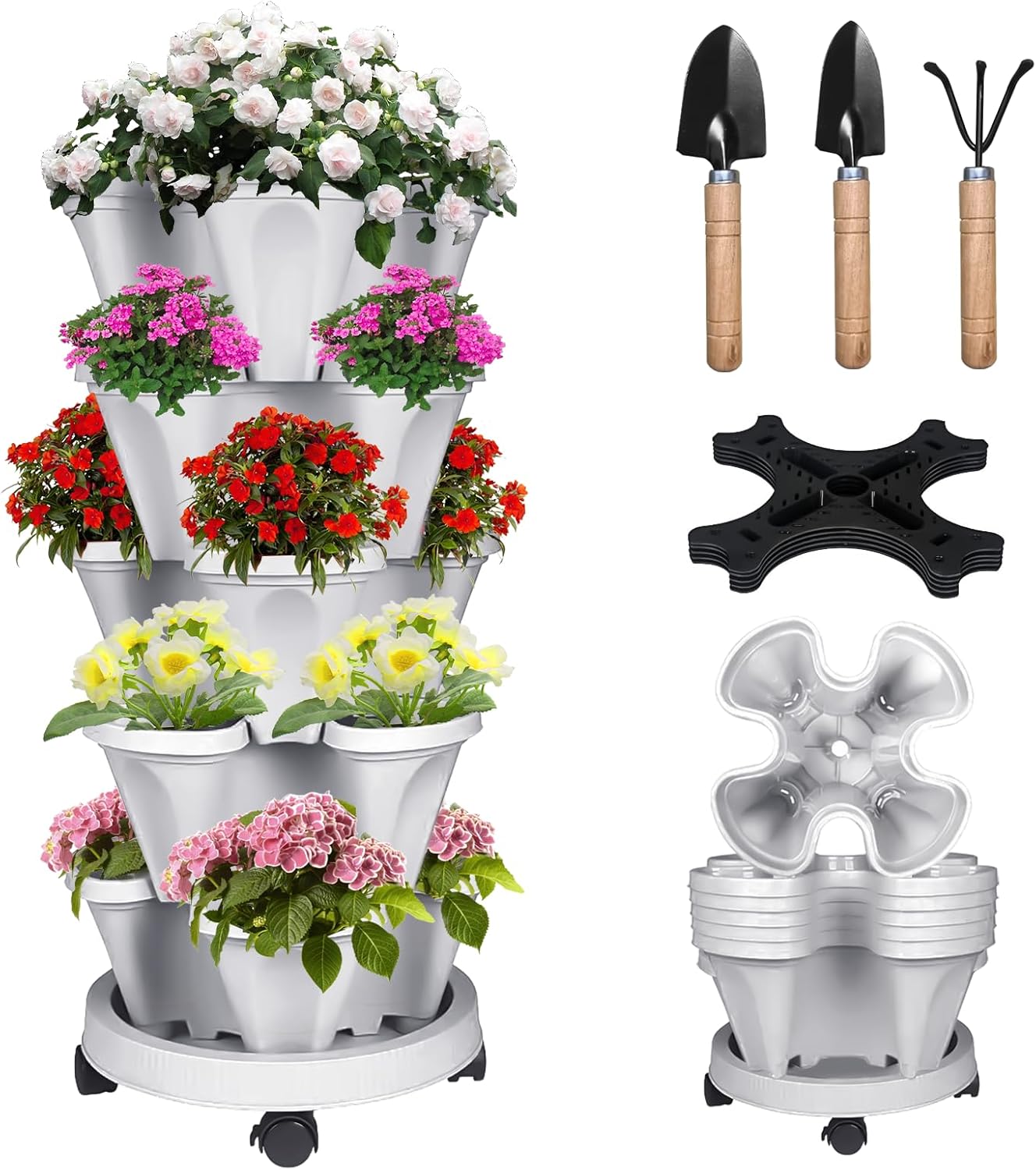 5 Tier Vertical Strawberry Planter-Tower Stackable Herb Planters-Stacking Garden Outdoor Planter Pot With Tools Mover For Flowers, Vegetables and Succulents