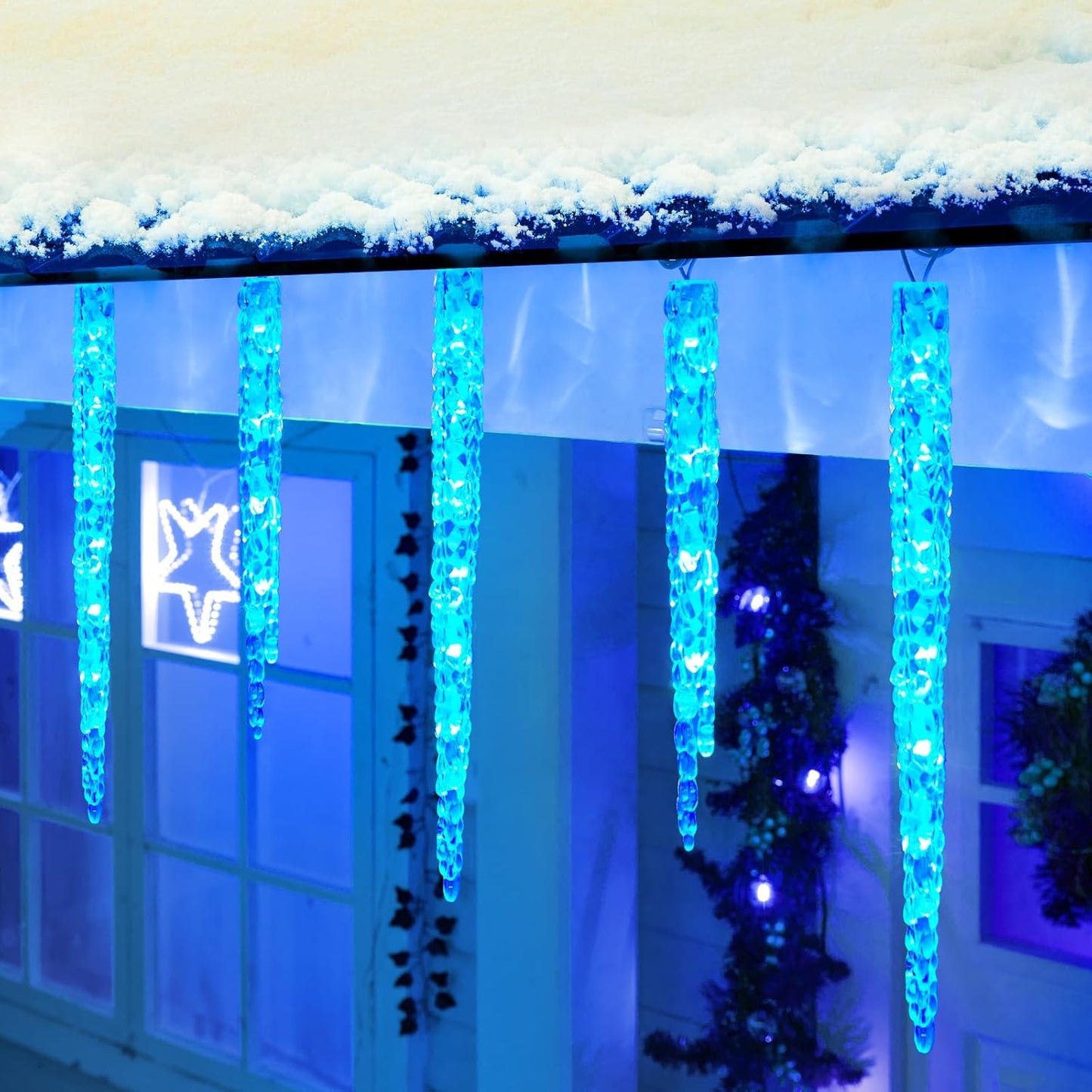 Minetom Icicle Lights Outdoor With Clips, 20ft 100 LED 20 Tubes Twinkling Crystal String Lights, Connectable Waterproof Hanging Christmas Lights Plug in for Eave Outdoor, Blue