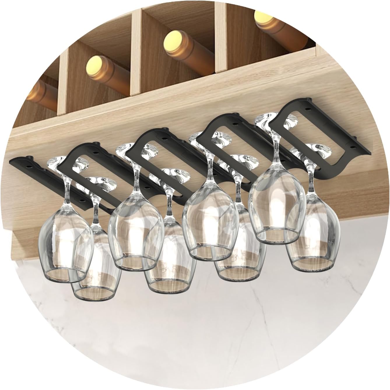 Bariboo Wine Glass Storage Case – Hang 8-12 Glasses on Your 18.7 x 9 x 1.7 In., Dust-Free Wine Glass Holder – Under-Shelf & Under-Cabinet Wine Glass Holder Rack with Assembly Manual & Video