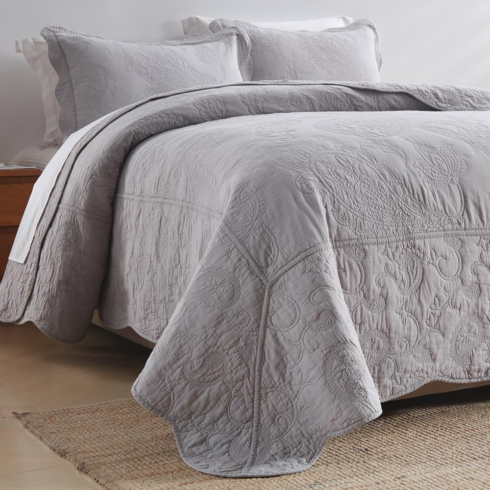Cotton Bedspread Quilt Sets, Real Patchwork Bedding Sets with Luxury Floral Paisley Pattern, 3 Pieces Reversible Soft Lightweight Coverlet for All Season, Grey, Queen Size