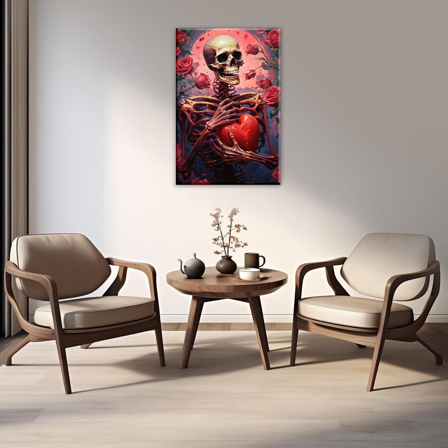 OAAPITI Skull Skeleton Canvas Wall Art Skull Holding Heart Picture Print Romantic Theme Painting Artwork Gothic Poster Wall Decor Living Room Halloween Decor(Artwork-1,24"x36")