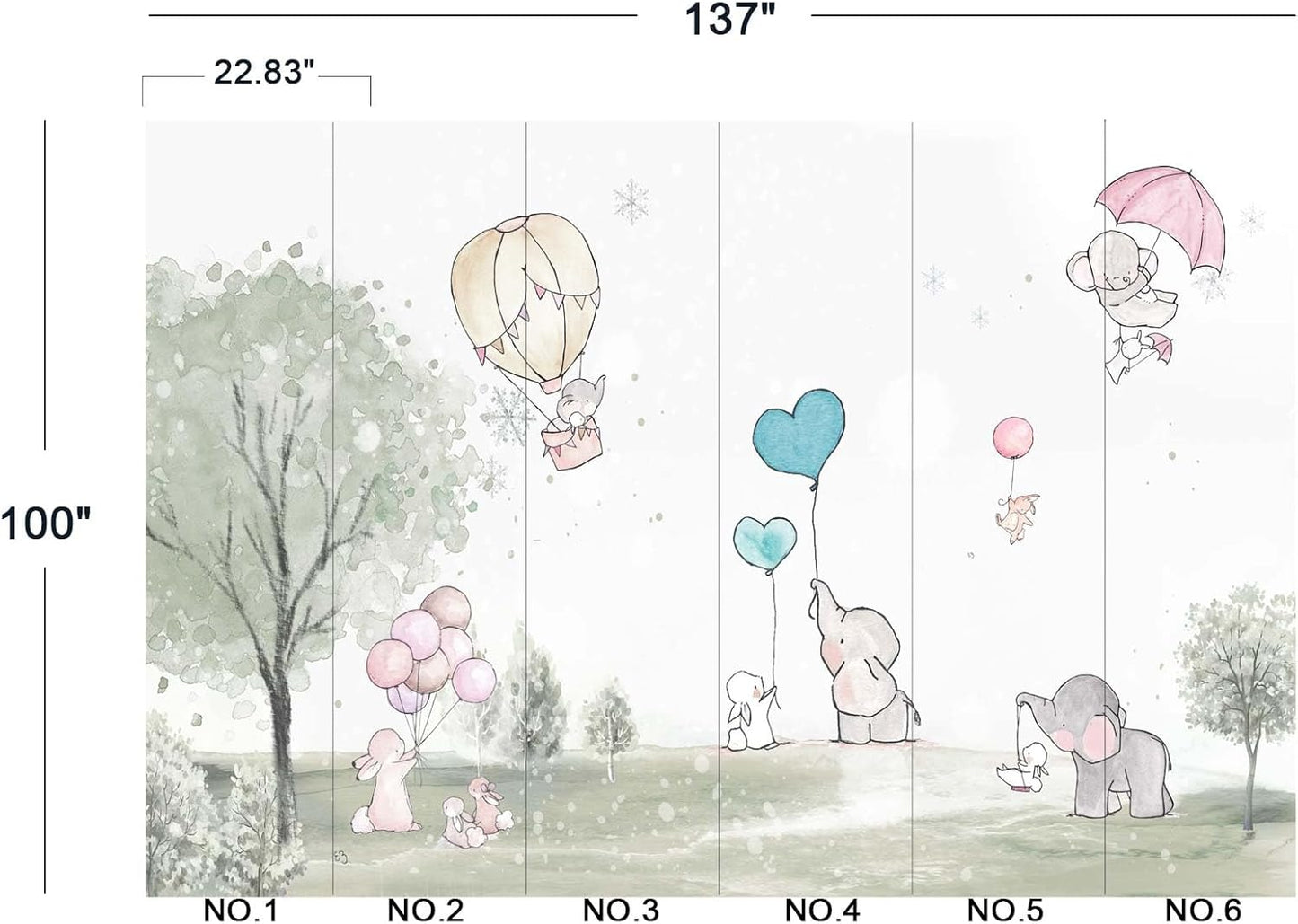 Cartoon Elephant Rabbit Balloon Nursery Wall Mural Wallpaper 137" x 100"