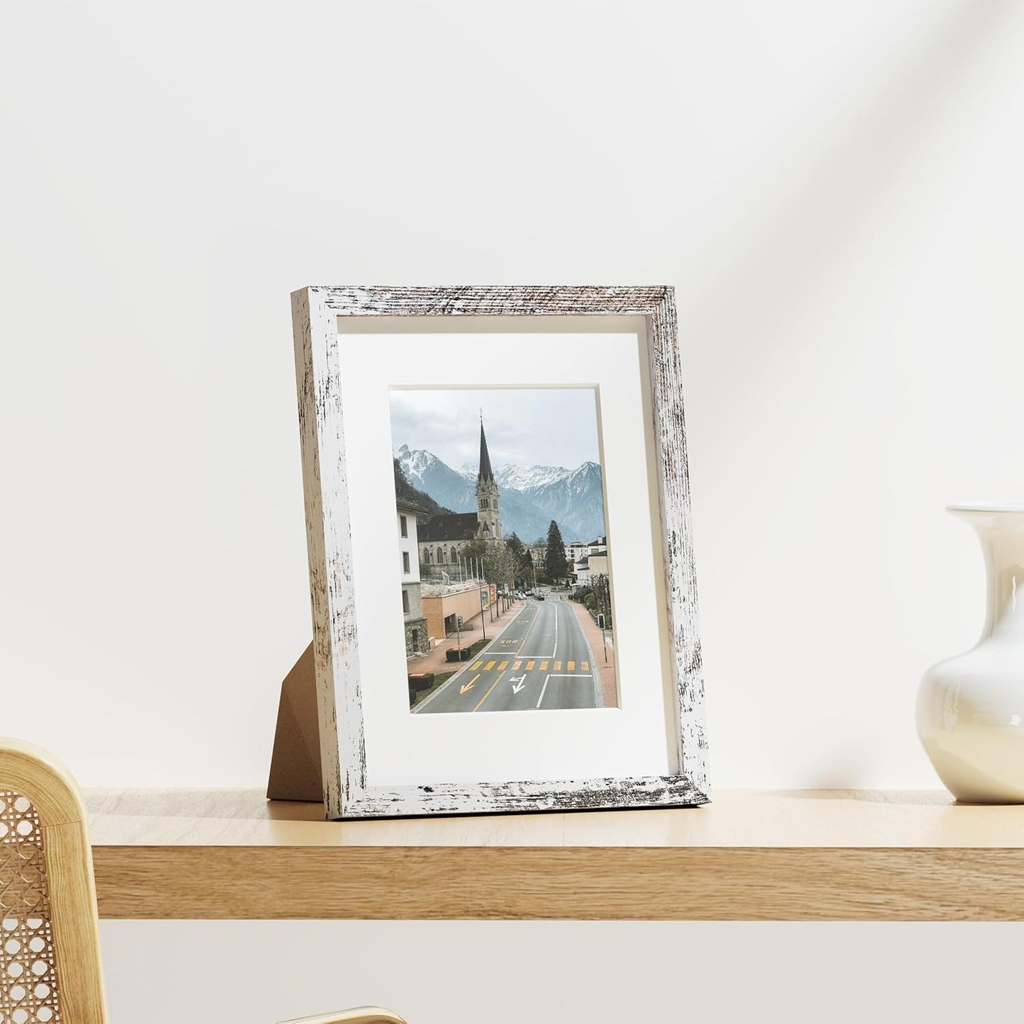 Vittanly 8.5x11 Picture Frames Set of 9, Shatter Resistant Plexiglass, Display 6x8 Pictures with Mat or 8.5x11 without Mat, Photo Frames for Wall or Tabletop, Engineered Wood, Distressed White