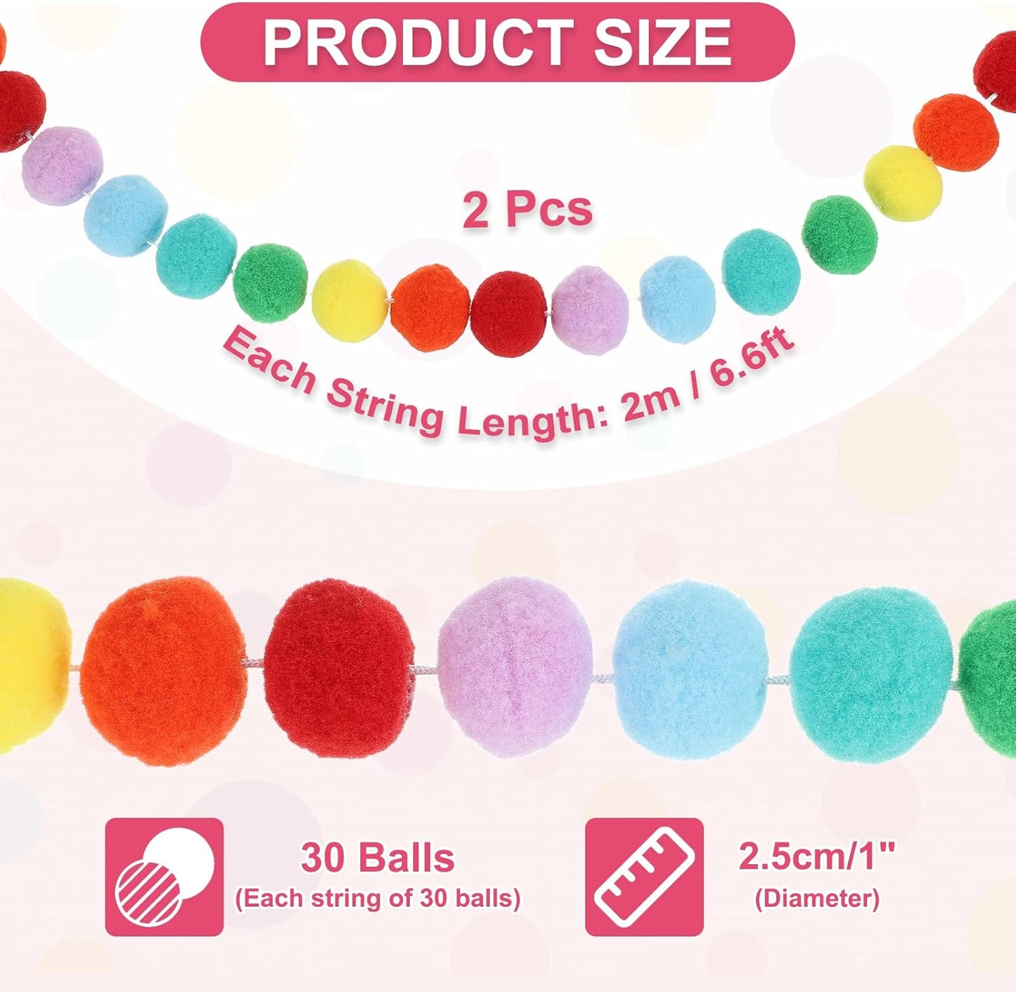 PATIKIL 13Ft Pom Pom Garland Decorations, 2Pcs Colorful Felt Ball Garland Banner Cute Rainbow Pompom Hanging Decorations for Tree Ornaments Homes Decor, Multicolor