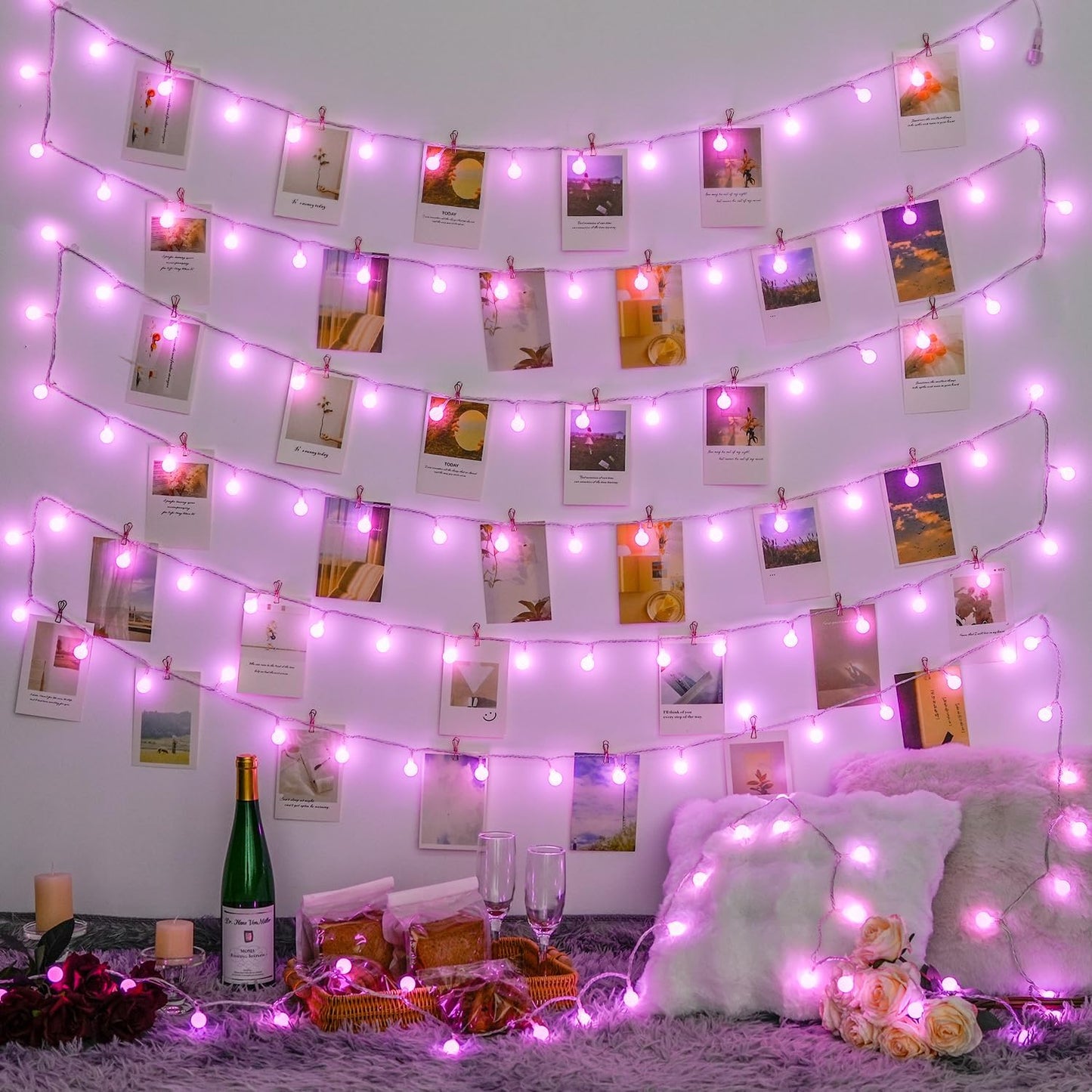 JMEXSUSS 100 LED Pink String Lights Indoor, Connectable Globe String Lights Plug in, 8 Modes 33ft Pink Christmas Fairy Light with Remote for Bedroom Girl's Room Dorm Anniversary Party Decor