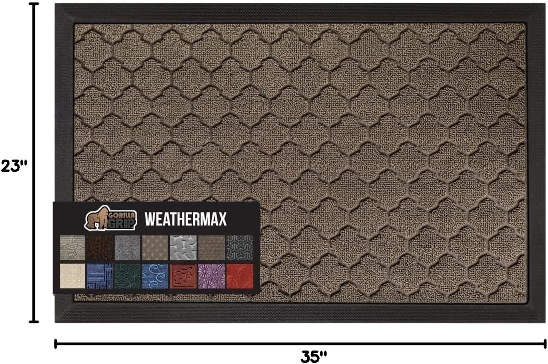 GORILLA GRIP 100% Waterproof All-Season WeatherMax Doormat 35x23, US Designed Natural Rubber, Stain and Fade Resistant, Low Profile Indoor Outdoor Door Mats, Easy Clean Patio Mat, Latte Quatrefoil