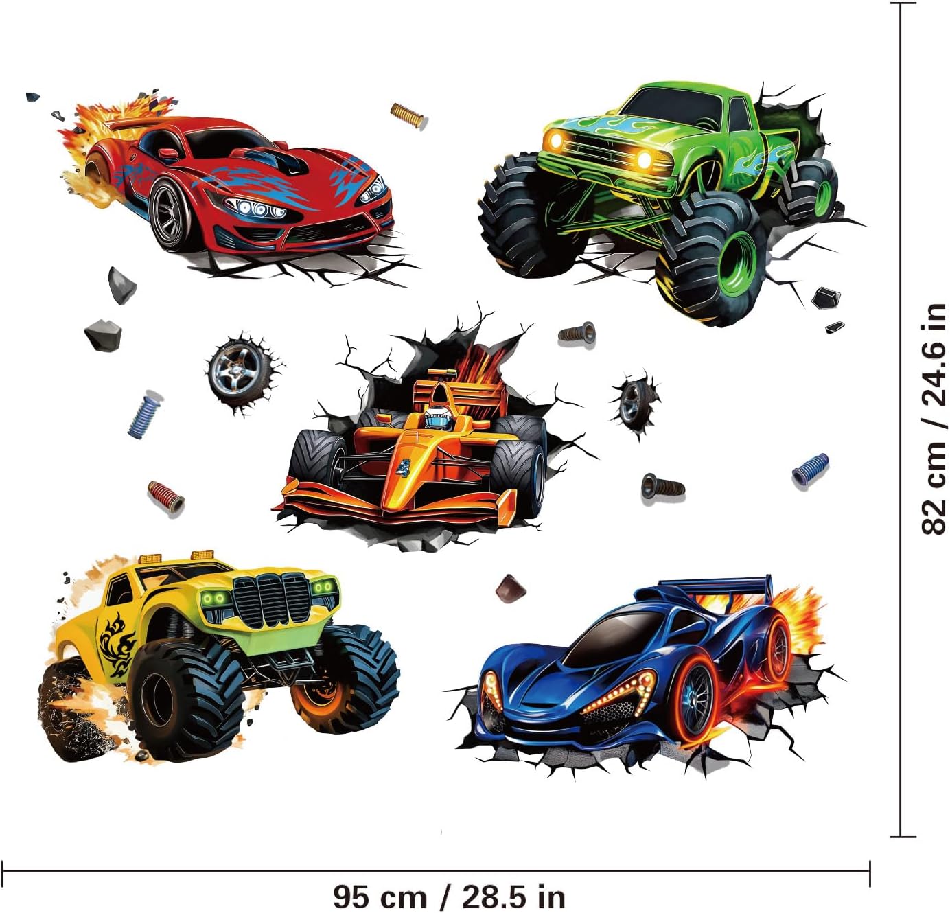 3D Racing Cars Wall Decals - Truck Bursting Through Wall, F1 Racing Cars Wall Stickers for Kids Room Boys Bedroom