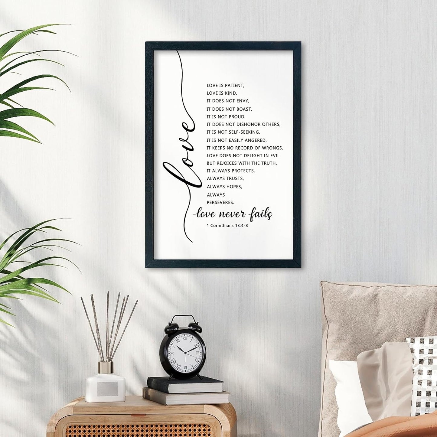 LuZhiQiang Love Is Patient Kind Wall Art 16"×11" Love Never Fails Sign 1 Corinthians 13 Bible Verse Wood Framed Wall Hanging Decor (Black)