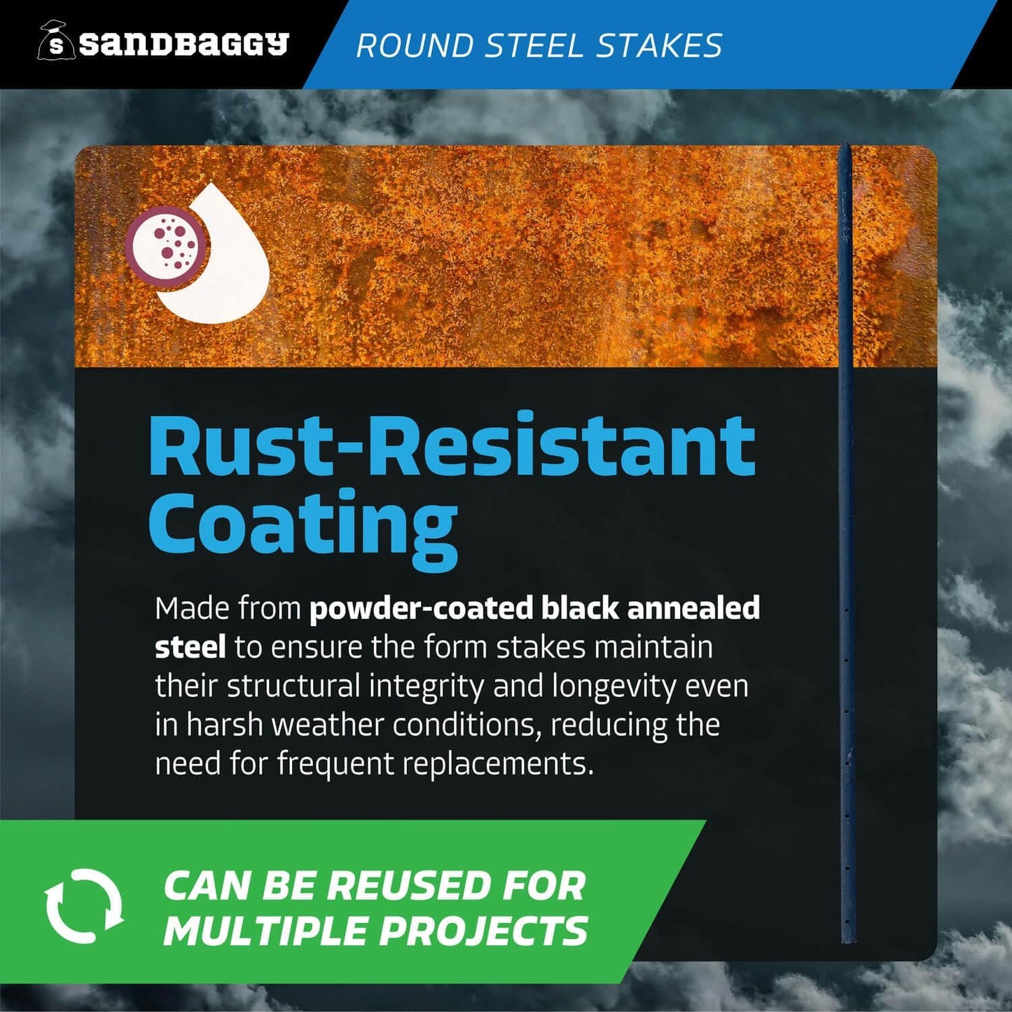 Sandbaggy Round Steel Concrete Form Stakes with Nail Holes - Rust Resistant Coating - Removable, Reusable (10, 3/4 in X 48 in)