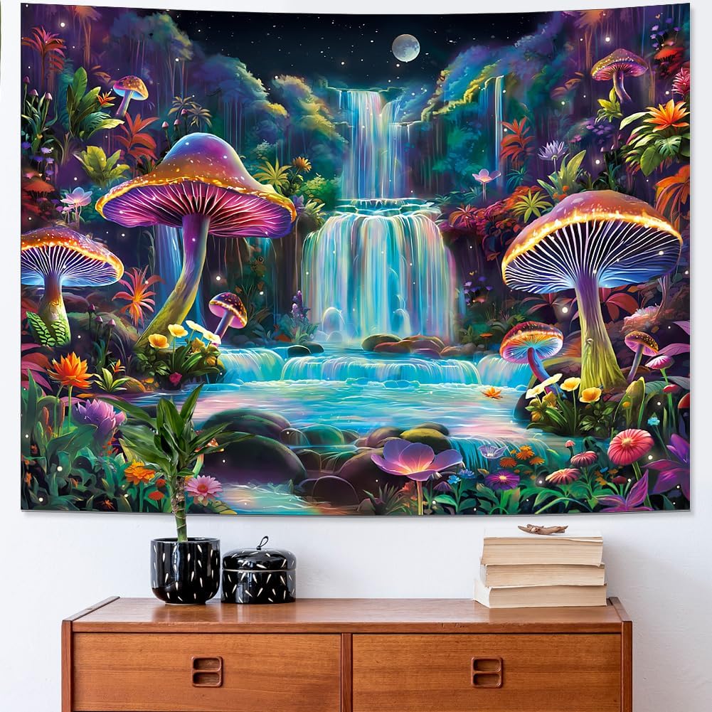 Dermijer Blacklight Tapestry Fantasy Mushroom Forest Tapestry UV Reactive Waterfall Tapestries Moon Night Neon Flower Landscape Tapestries Wall Hanging for Home Decor L59.1×W51.2