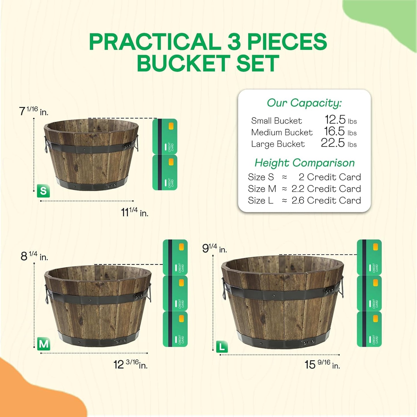 IDZO Set of 3 Wooden Flower Planters for Outdoor Plants, Acacia Wood Barrel Planters, Ergonomic Handles, Drainage Holes, Various Sizes, Walnut