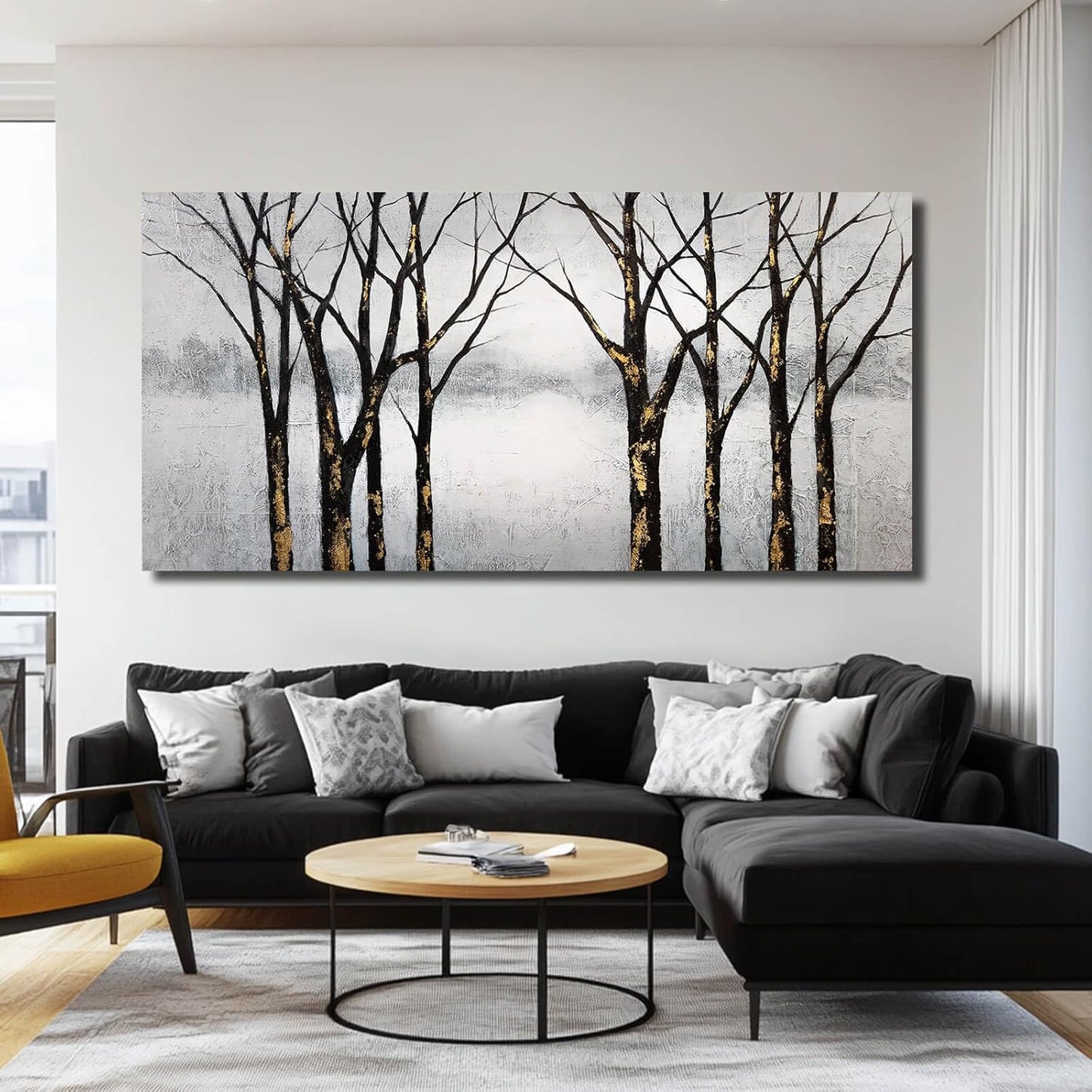 Black Wall Pictures Tree Wall Art Canvas Wall Decoration Large Home Decor White Poster Art Gold Office Artwork 29"x58"
