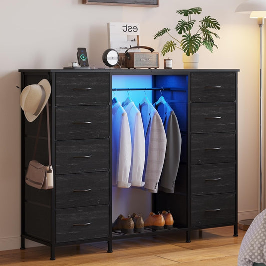 LUMTOK 55" W 2-in-1 Dresser with Hanging Rack, 10 Drawers Dresser for Bedroom,Dressers with Fabric Drawers,LED Lights, Charging Station and Hanging Racks for Bedroom