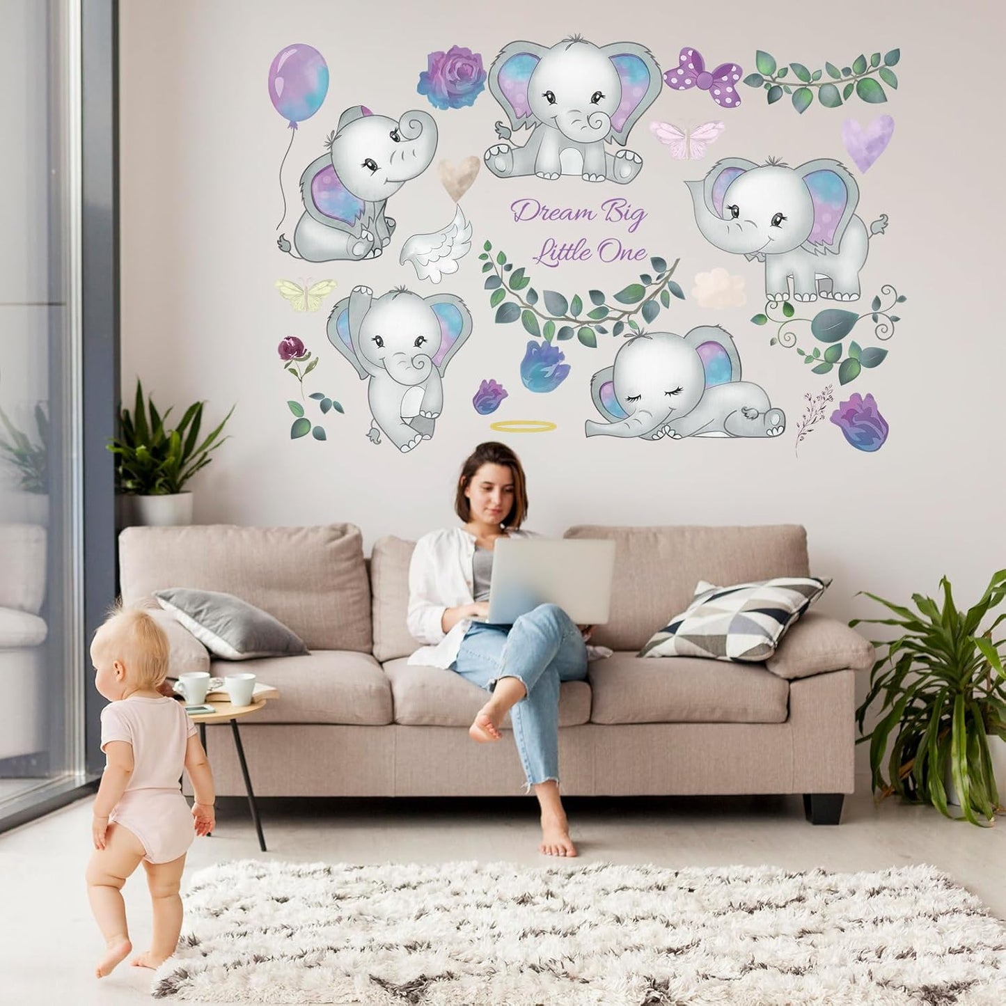Wall Decals Stickers Dream Big Little One Elephant Wall Stickers Wall Murals Peel and Stick Removable Purple Rose Elephant Wall Decor for Baby Shower Room Nursery Boys Girls Bedroom Playroom Classroom