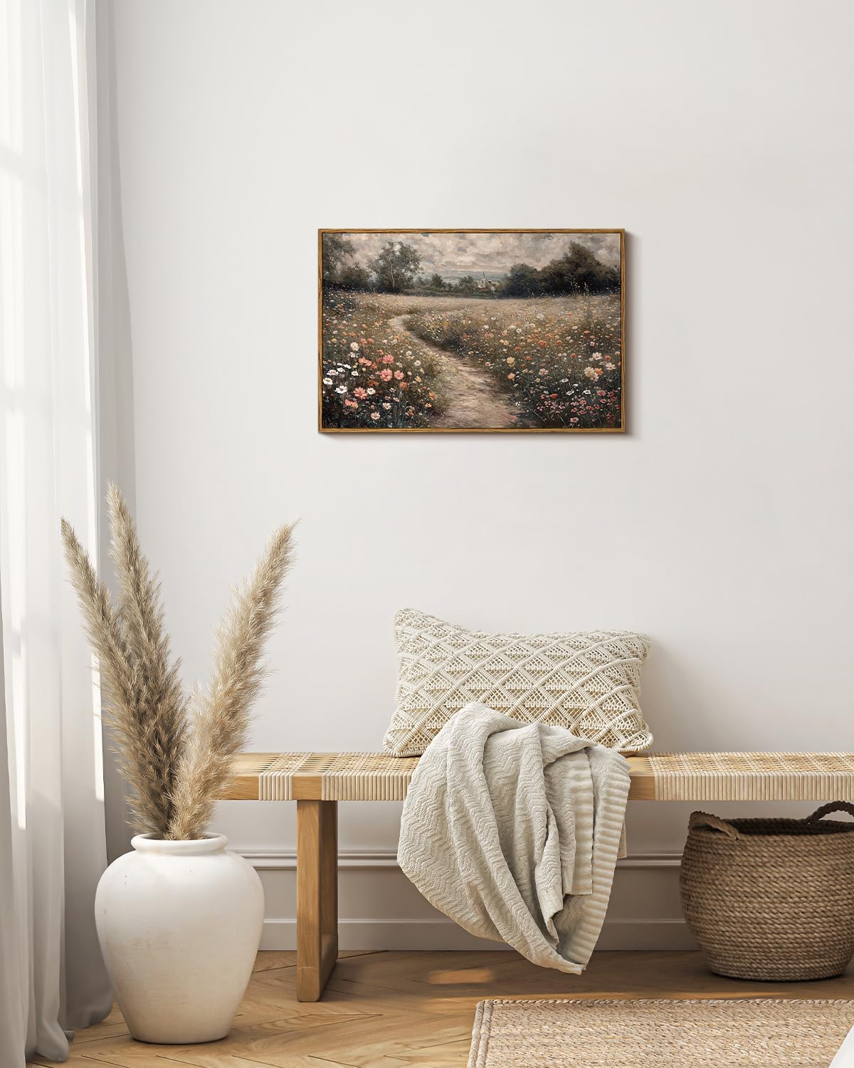 VIYYIEA Framed Canvas Wall Art Home Decor Vintage Landscape Nature Country Wildflower Paintings Farmhouse Pictures Floral Artwork Rustic Flower Prints Cottagecore Living Room Bedroom Bathroom 16x24in