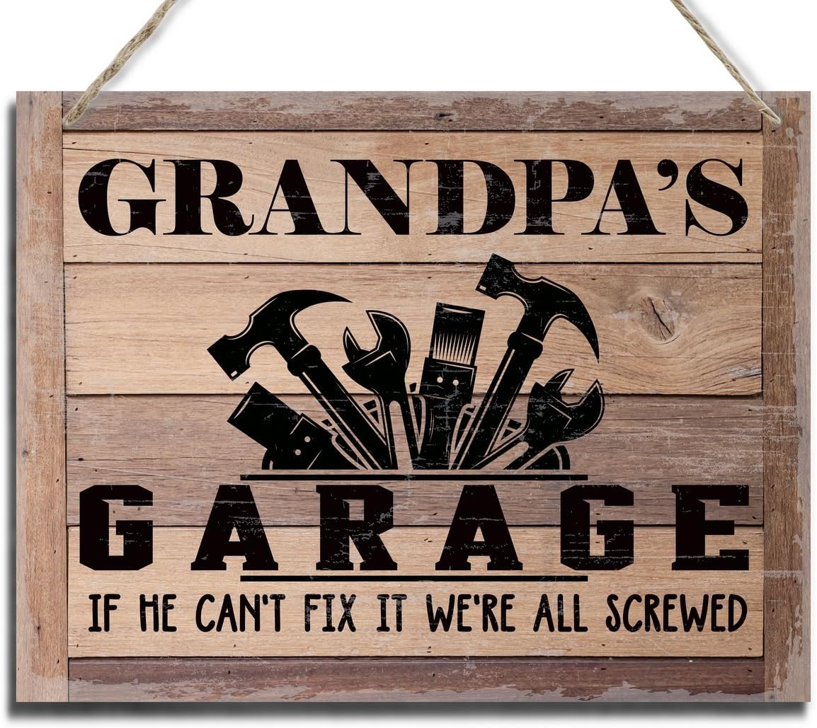 BQL Rustic Wood Sign, Father's Day Gift, Grandpa's Gift, Decor Hanging Wood Sign, 8X10inch, Printed Wood Wall Art Sign, Grandpa's Garage, If He Can't Fix It We're All Screwed