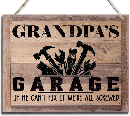 BQL Rustic Wood Sign, Father's Day Gift, Grandpa's Gift, Decor Hanging Wood Sign, 8X10inch, Printed Wood Wall Art Sign, Grandpa's Garage, If He Can't Fix It We're All Screwed