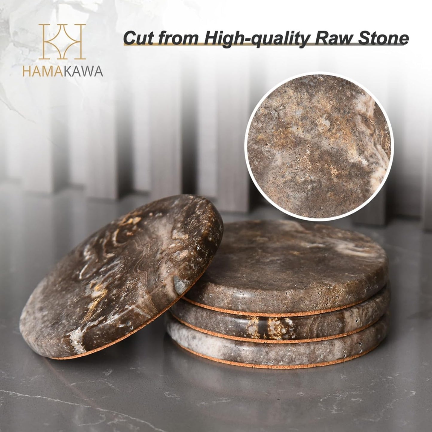 Marble Coasters Set of 4, Natural Gray Stone 4 Inch/10 cm, Modern Round Travertine Drink Coasters for Home Decor, Coffee Table, Office