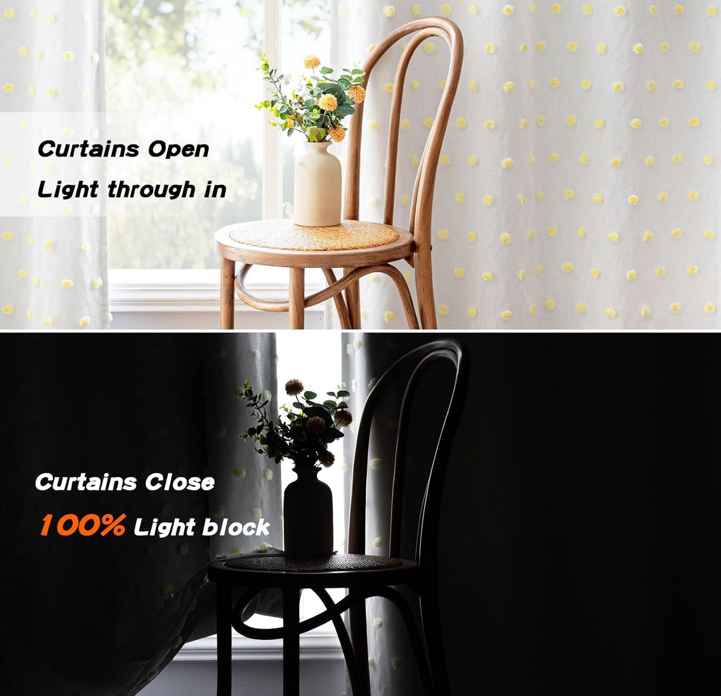 MYSKY HOME 100% Blackout Curtains for Kids Bedroom Thermal Insulated 95 Inch Length Nursery Curtains 2 Panels Grommet Light Filtering Yellow Pom Pom Sheer Drapes Double Layers Dining Room, 52W x 95L