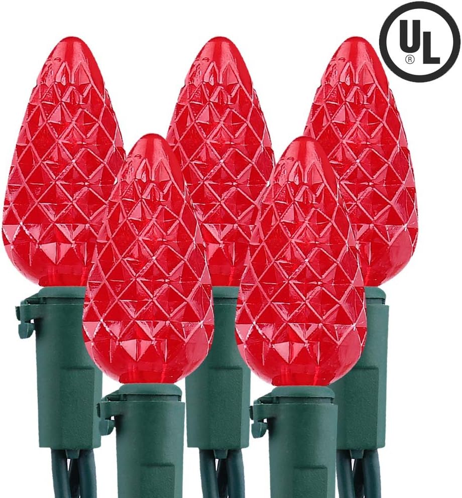 Brizled Upgraded Faceted C5 LED Red Christmas Lights, 100 LED 33ft Christmas tree Lights, 120V UL Certified Christmas Lights Set Connectable for Xmas Patio Party Roof Holiday Indoor Outdoor Decoration