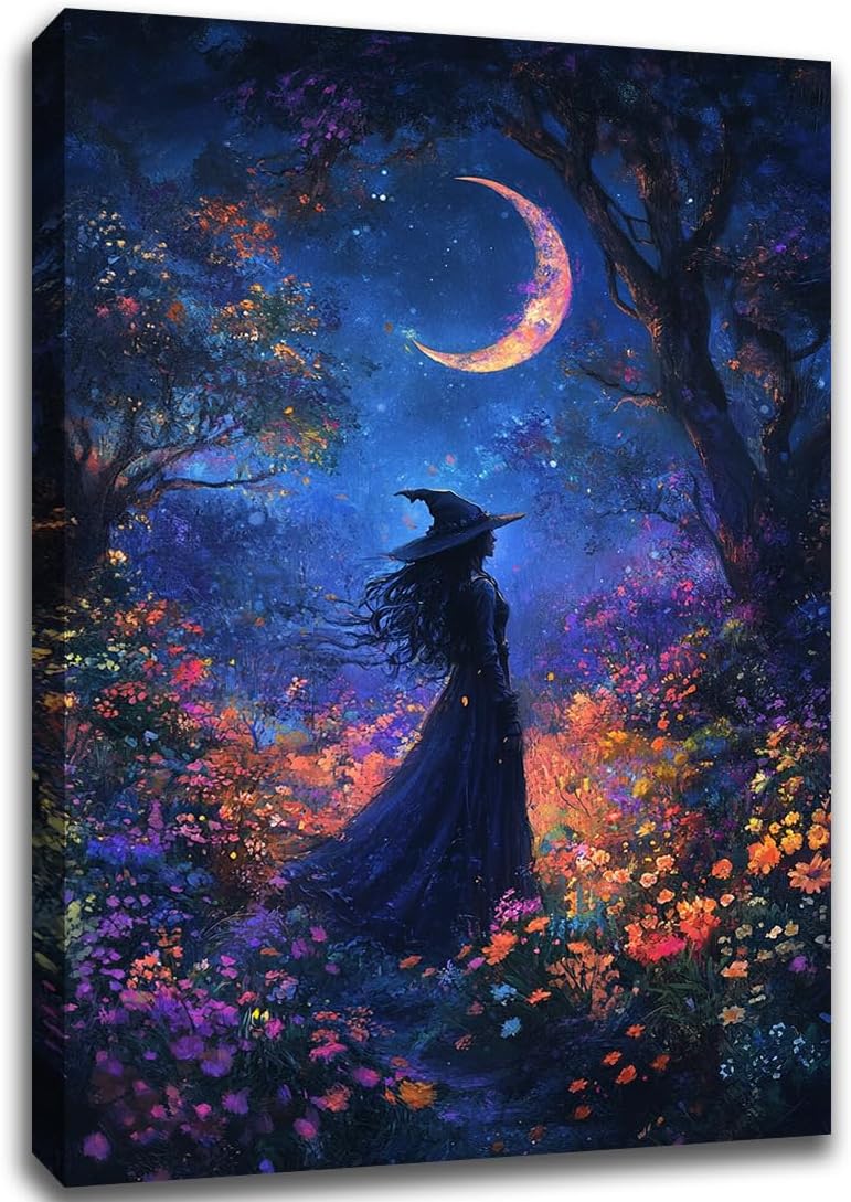 Vintage Halloween Witch Decor Mystic Gothic Wall Art Poster,Enchanting Witch Fall Whimsical Wildflowers Woodland Forest Crescent Moon Picture Art,Creepy Witchy Home Decor,12"x18" Framed