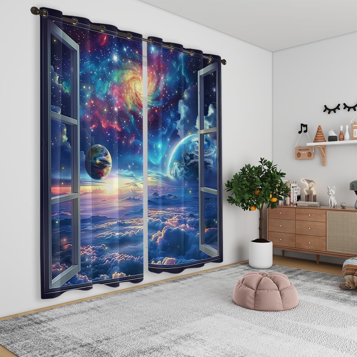 Space Galaxy Blackout Curtains for Girls Boys Kids Home Decor, Universe Nebula Galaxies Solar Planet Grommet Thermal Insulated Drapes Darkening Window Curtain for Bedroom Living Room, 55 x 63 Inch