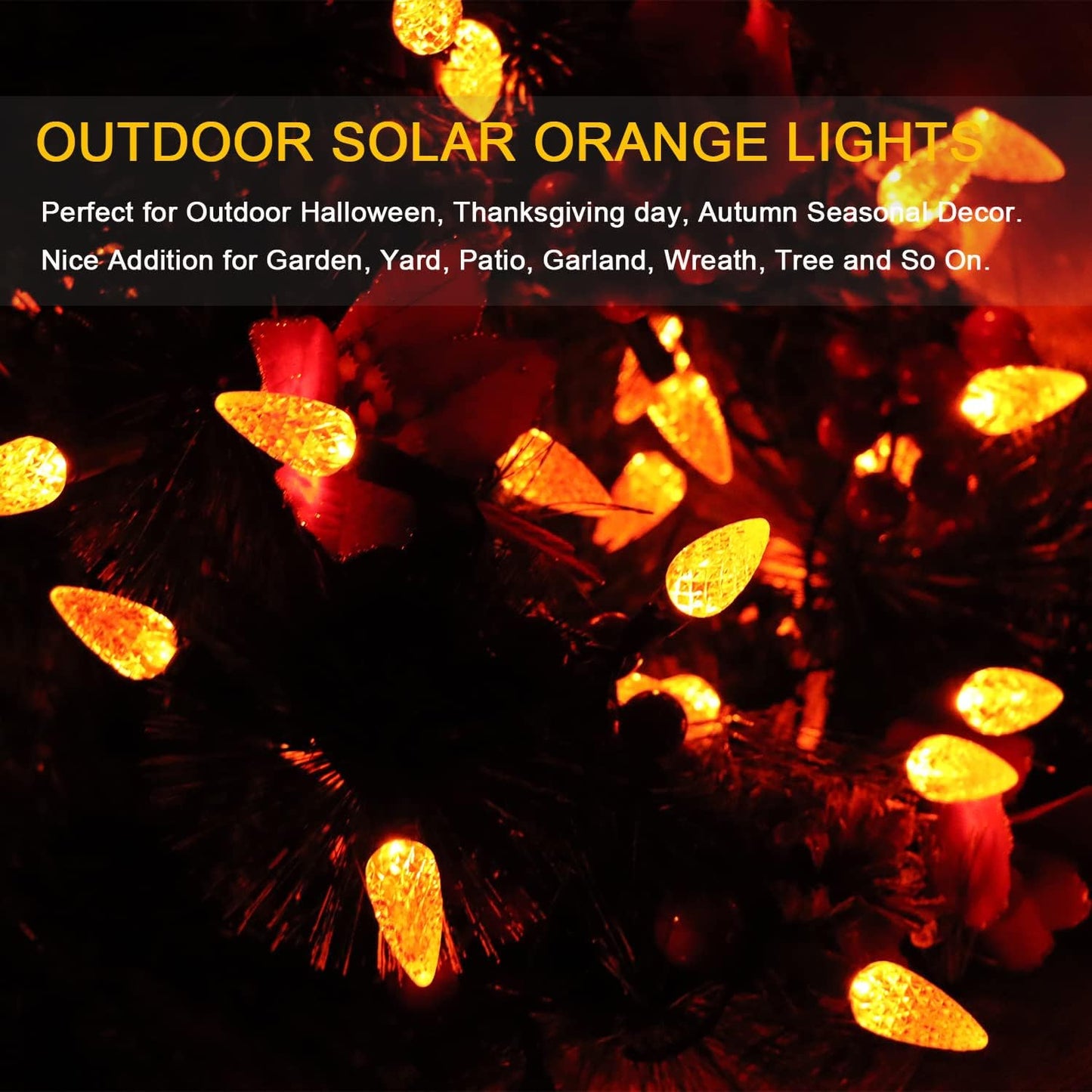 HUGSVIK 21Ft 50LED C6 Orange Lights for Halloween, 8 Mode Solar Halloween Lights Outdoor, Waterproof Solar Christmas Decorations for Halloween Thanksgiving Holiday Christmas Decor