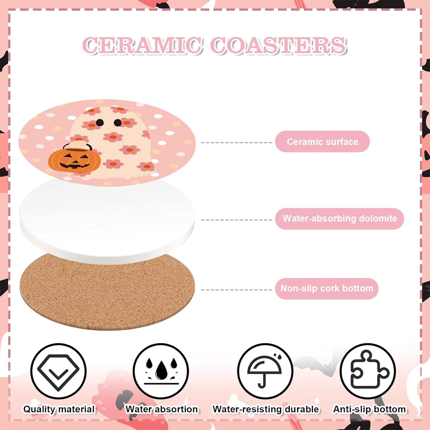 Whaline 4Pcs Halloween Coasters Pink Ghost Bat Pumpkin Ceramic Coasters Absorbent Cup Mat for Home Kitchen Office Party Table Decor
