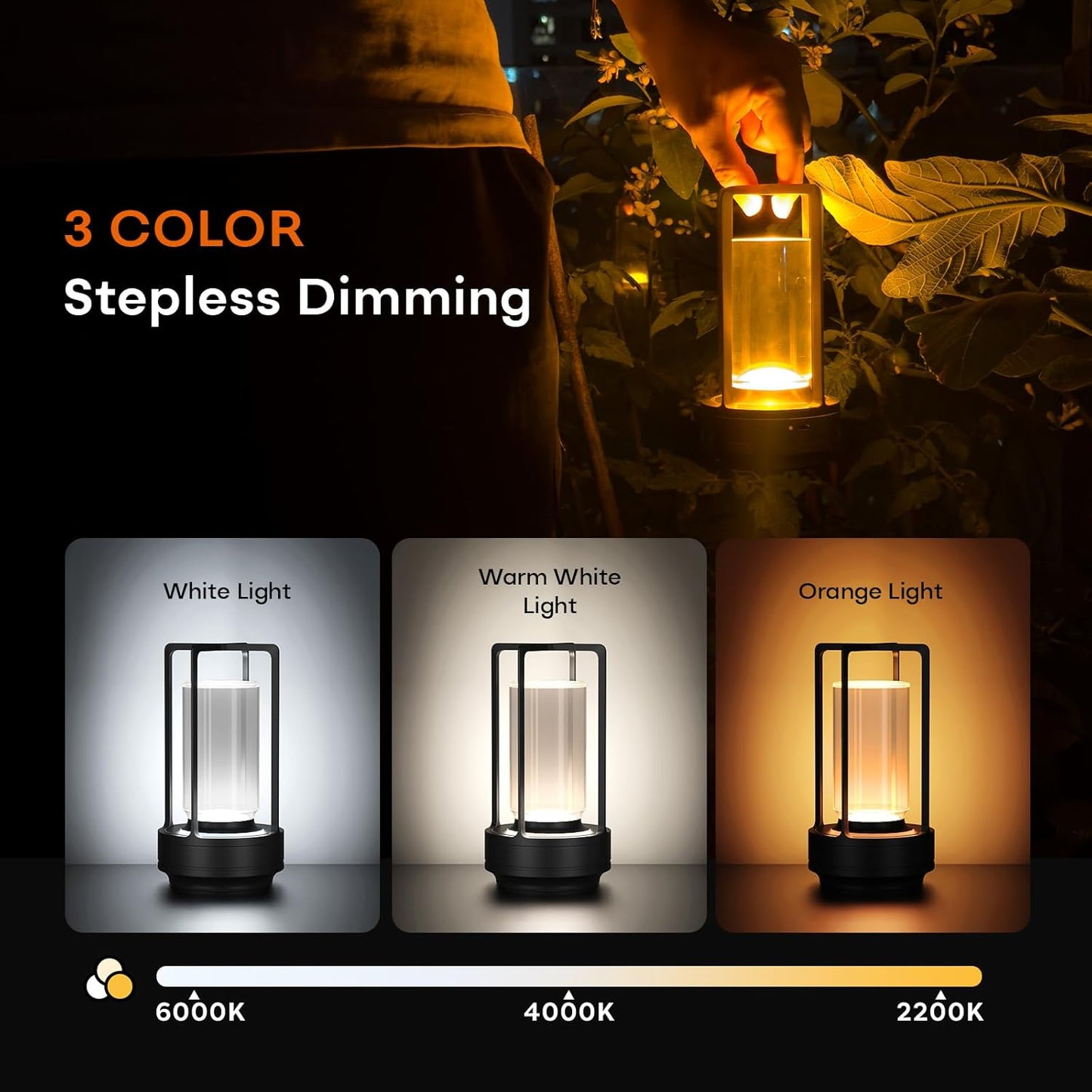 Portable Metal Table Lamp for Indoor/Outdoor ,Rechargeable Cordless LED Lamp, 3-Colour Infinitely Dimming Battery Powered Small Desk Lamp, Restaurant/Bedroom/Bar/Coffee/Camping Light (Black Set of 2)