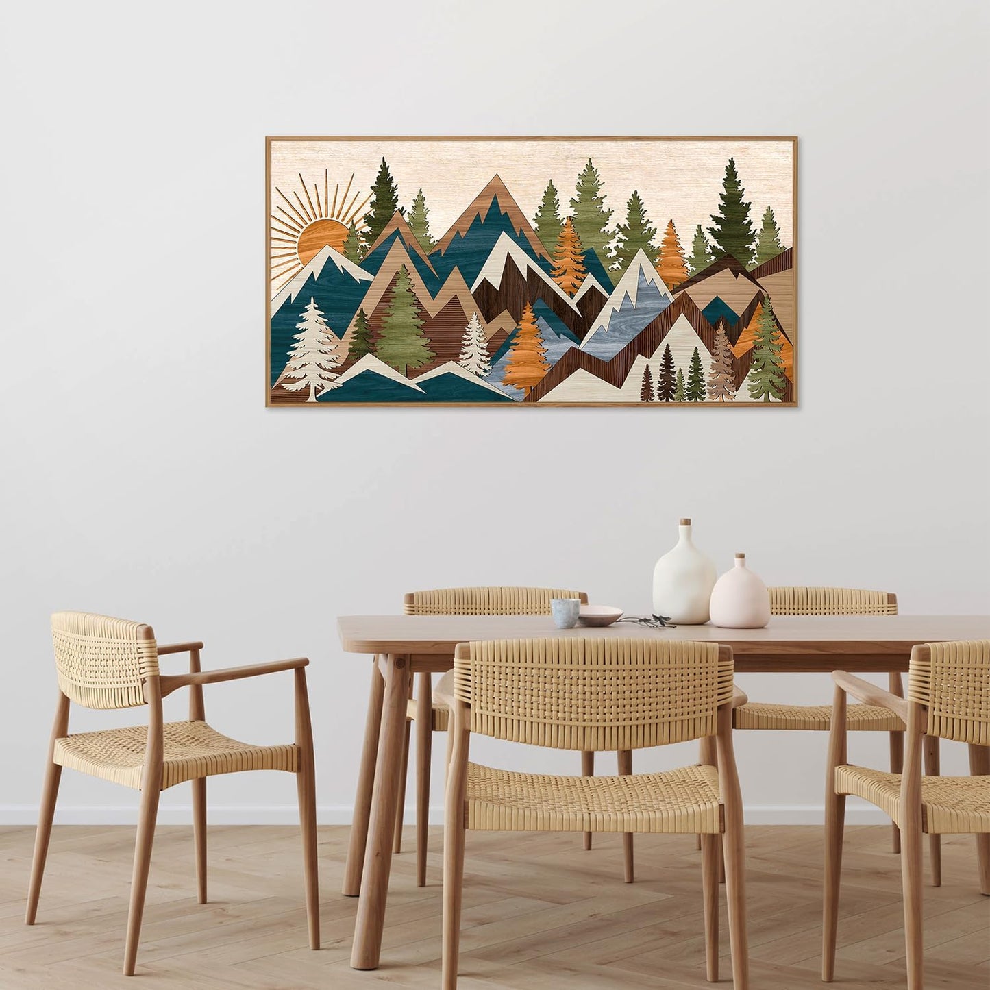 Tinonedraw Large Metal Mountain Framed Canvas Wall Art, Boho Rustic Sunrise Forest Wall Decor, 3 Piece Vintage Nature Artwork, Modern Wilderness Art Print for Living Room Bedroom Office 20"x40"