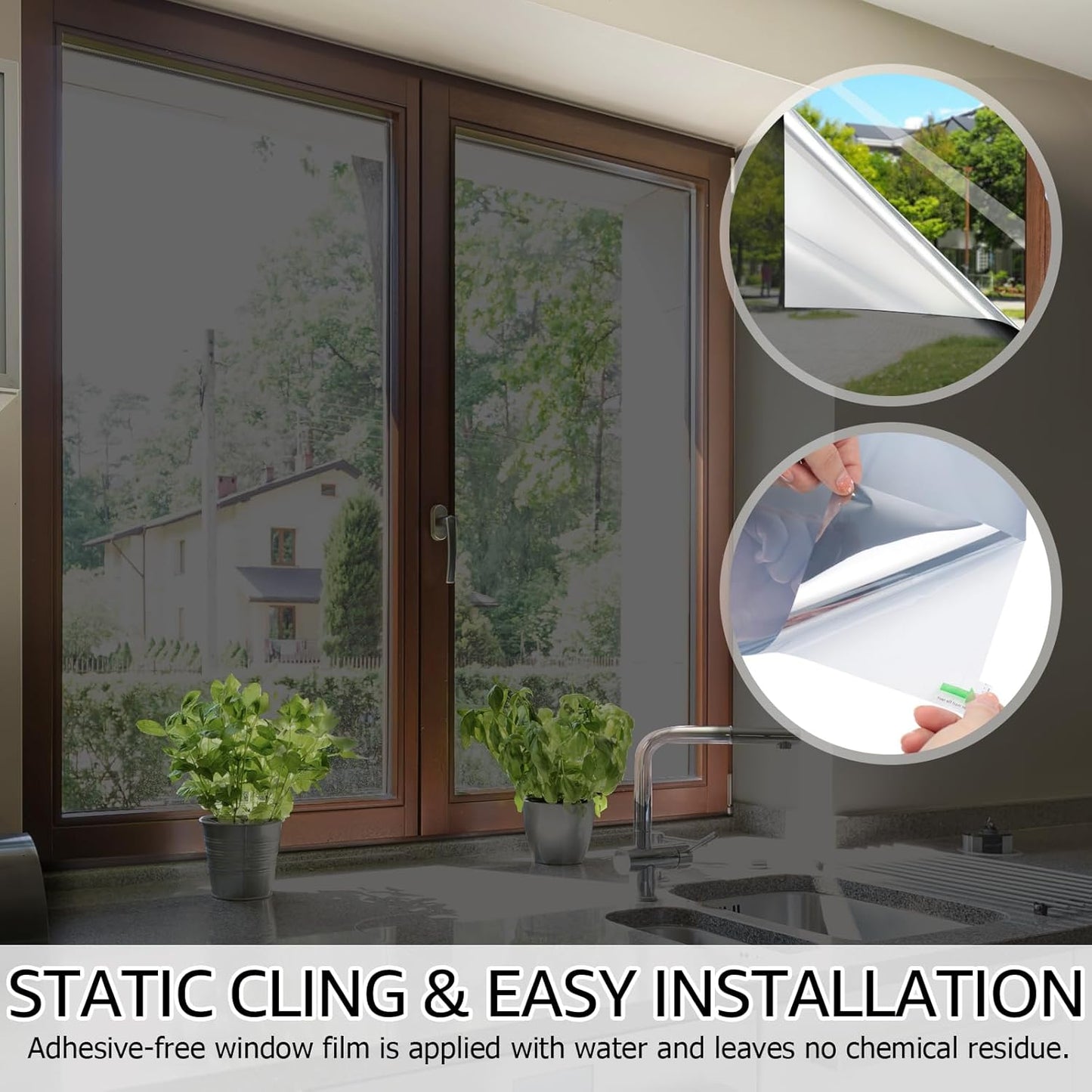 HIDBEA One Way Window Film, Daytime Privacy Sun Blocking Reflective Window Film No Glue Static Cling Heat Control Window Tinting Film for Home and Office, Black Silver, 45.3 x 157.5 Inch