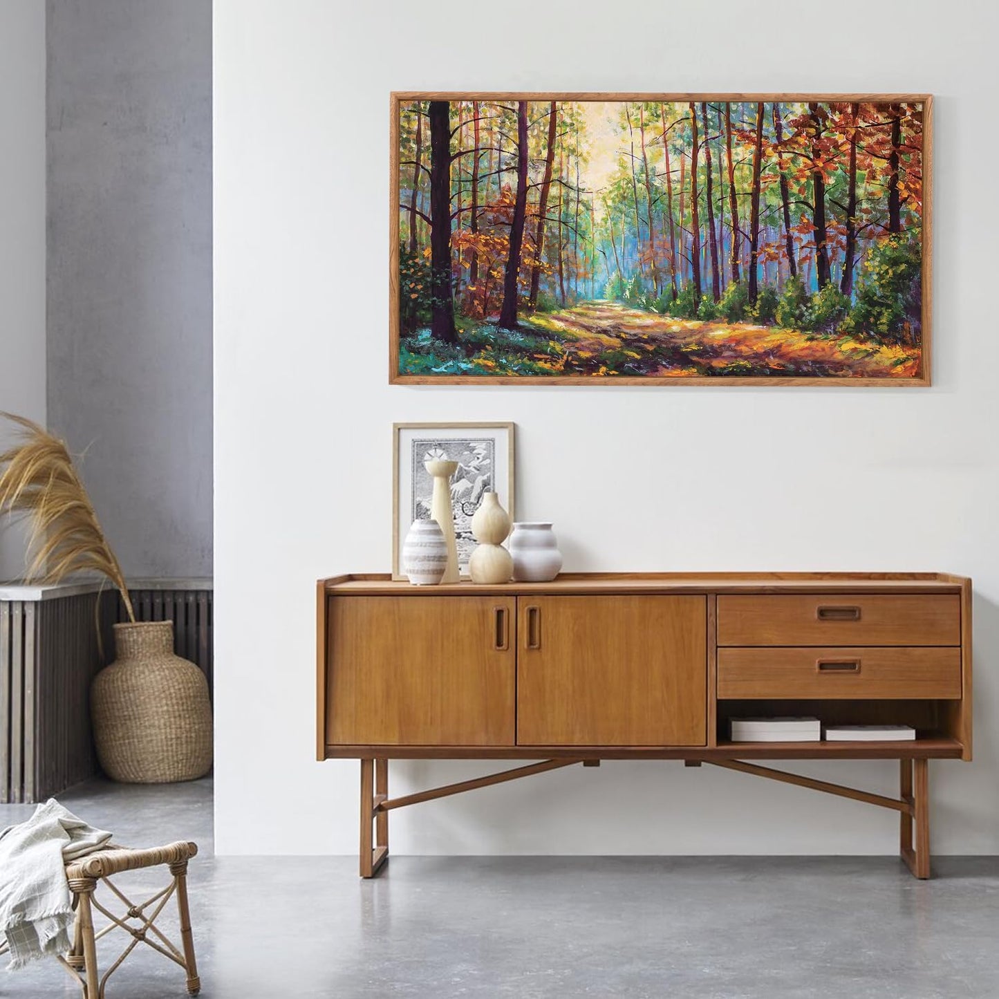 Aurlan Forest Landscape Hand Painted Framed Wall Decor(40"x20"), Large Abstract Birch Tree 3D Textured Oil Painting on Canvas Artwork, Modern Nature Plant Wall Art for Office Living Room Bedroom