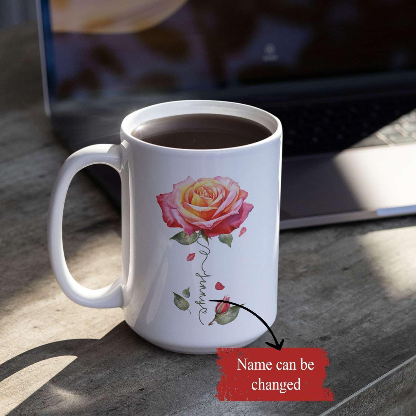 Novelty Rose Accent Cup For Girl, Personalized Rose Flower Coffee Mug 11oz 15oz, Customized Rose Lover Ceramic Cup With Name, Custom Flower Design Mug, Gift For Anniversary