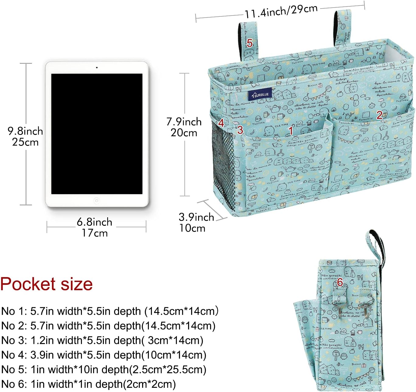 Surblue Bedside Caddy Hanging Bed Organizer Storage Bag Pocket for Bunk and Hospital Beds, College Dorm Rooms Baby Bed Rails,Camp Chiars，Wheelchair Side Bag，4 Pockets and 2 Hooks (Cartoon)