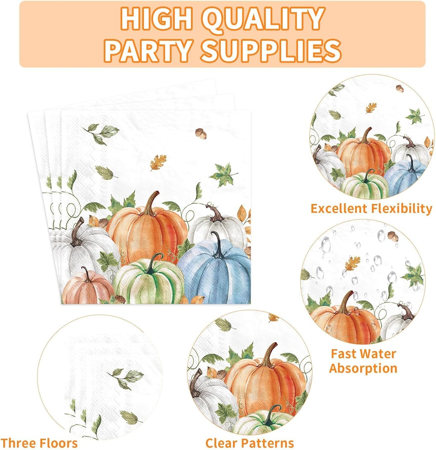 Grencian 200Pcs Fall Plates and Napkins Square Autumn Pumpkin Plates Thanksgiving Paper Platter Tableware Sets for Thanksgiving Harvest Party Decorations, Serves 50