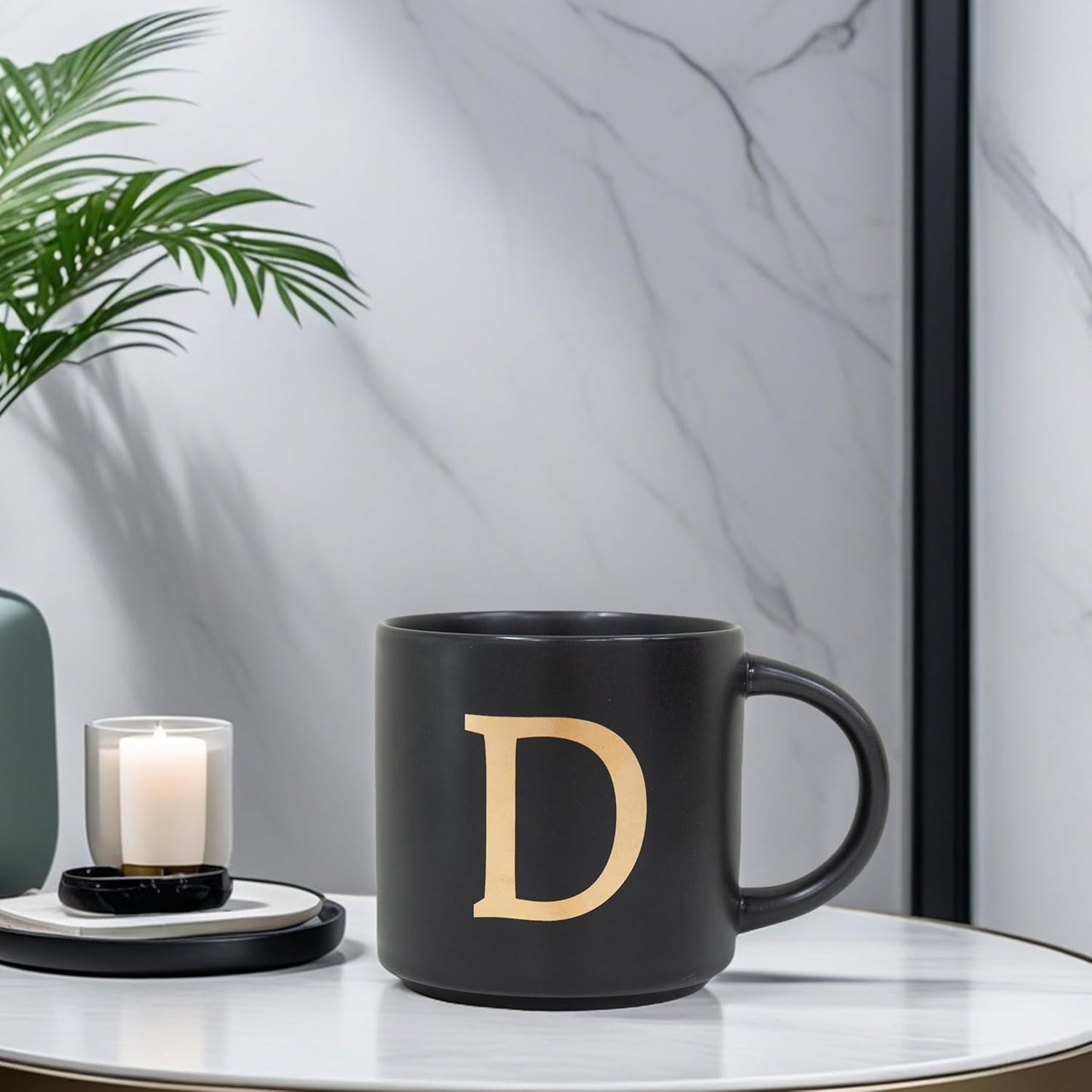 COLLECTIVE HOME - Monogram Ceramic Mugs, 15 oz Golden Initial Black Coffee Cups, Elegant Alphabet Tea Mugs, Elegant Personalized Mug with Gift Box, Unique Mug with Double Side Capital Lette (D)