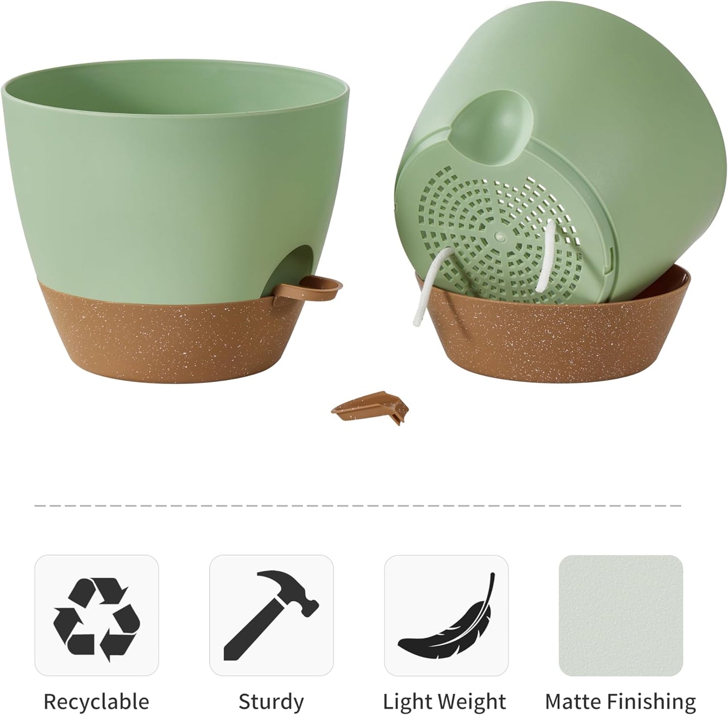 FaithLand 3-Pack Large Planter Pots, 12 10 9 Inch Self Watering Flower Pots for Indoor Outdoor Garden Plants, Green with Brown