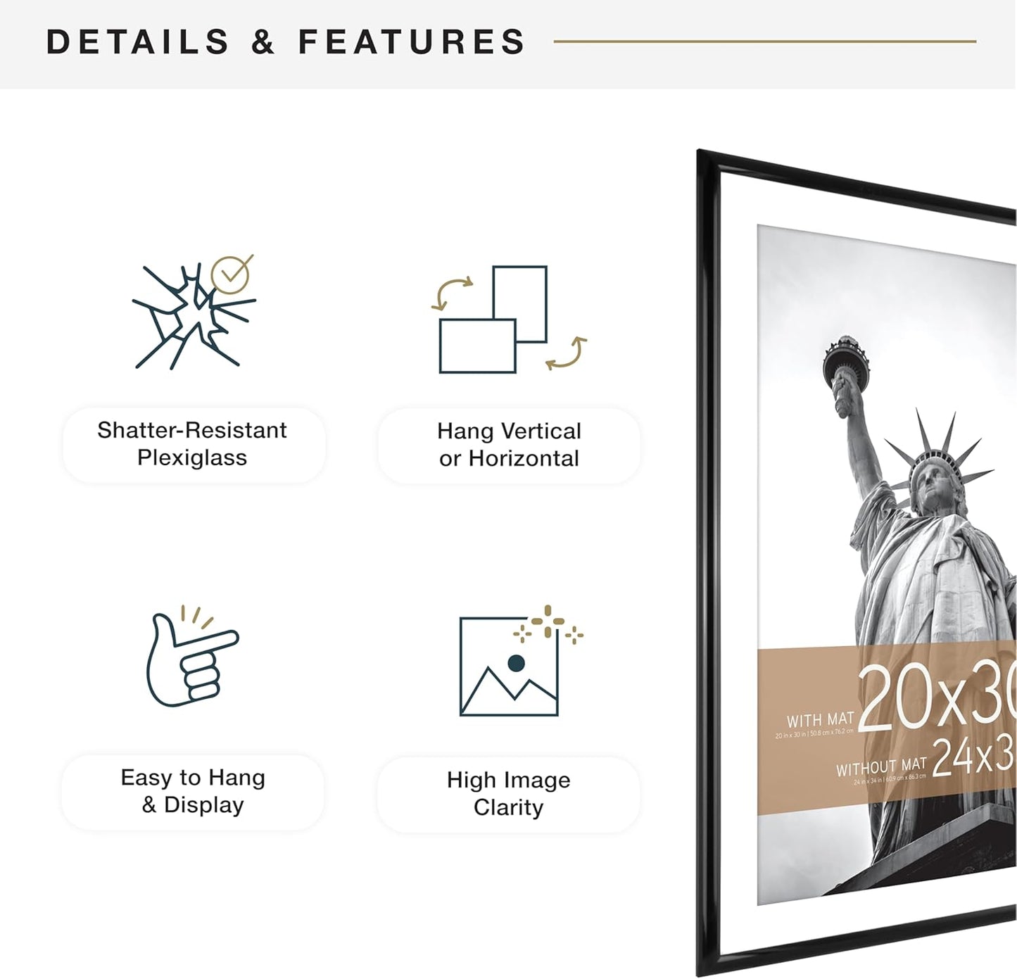 MCS Trendsetter 24x34 Matted Poster Frame with 20x30 Picture Display, Black Vertical & Horizontal Wall Hanging Large Picture Frame for Photos & Posters (1-Pack)