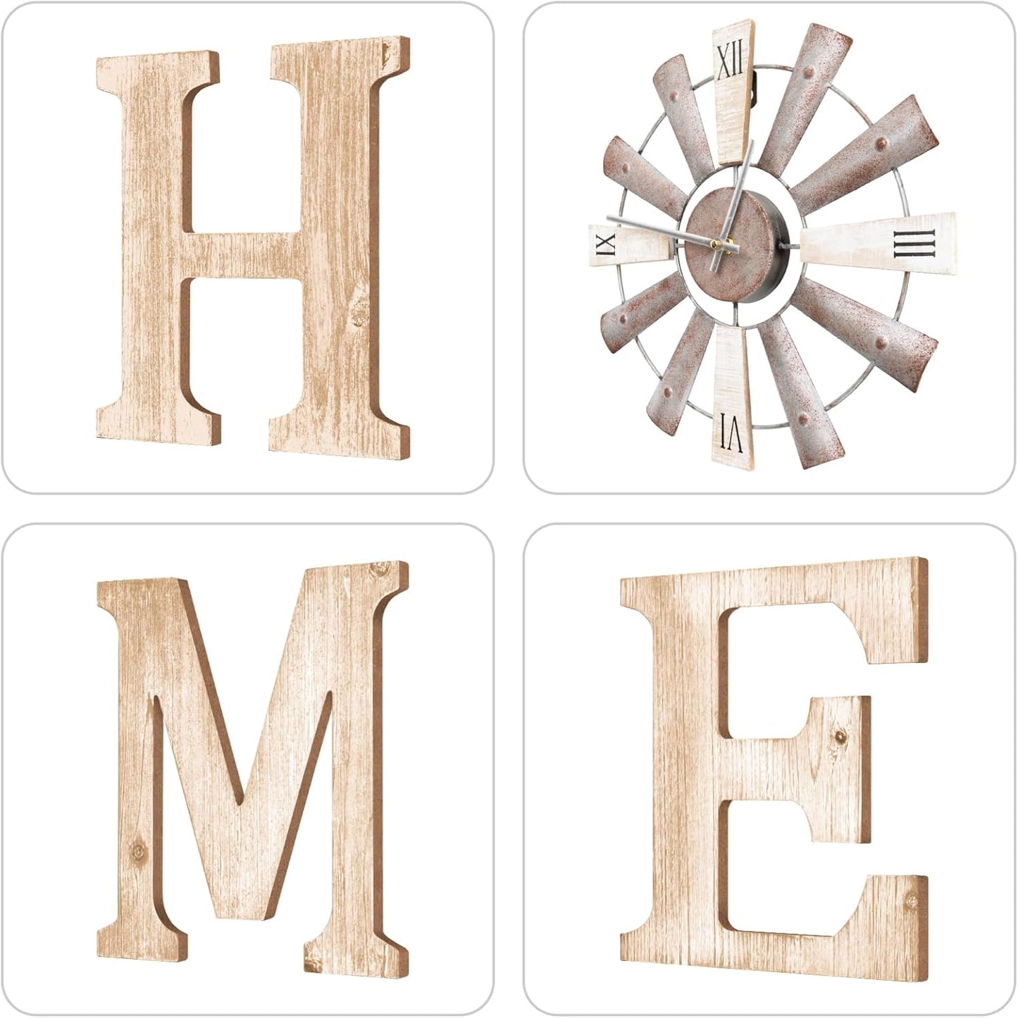 Farmhouse Home Signs with Windmill Clock Wall Decor Rustic Home Letters Wall Art for Living Room Kitchen Entryway Dining Room Bedroom (water-white)