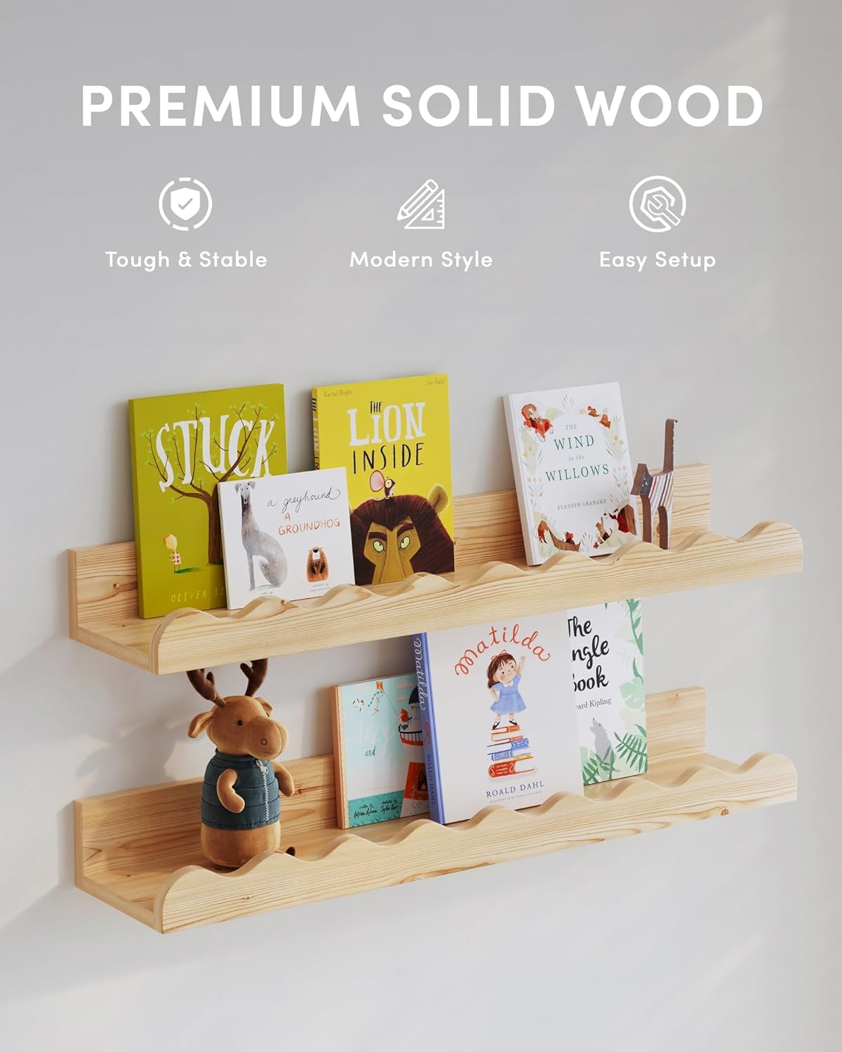 Kids' Bookshelf Set of 4 - Wood Floating Nursery Book Shelves, Picture Ledge Shelf for Wall Decor and Storage - Perfect for Books, Toys, Photo Frames, and Nursery Décor