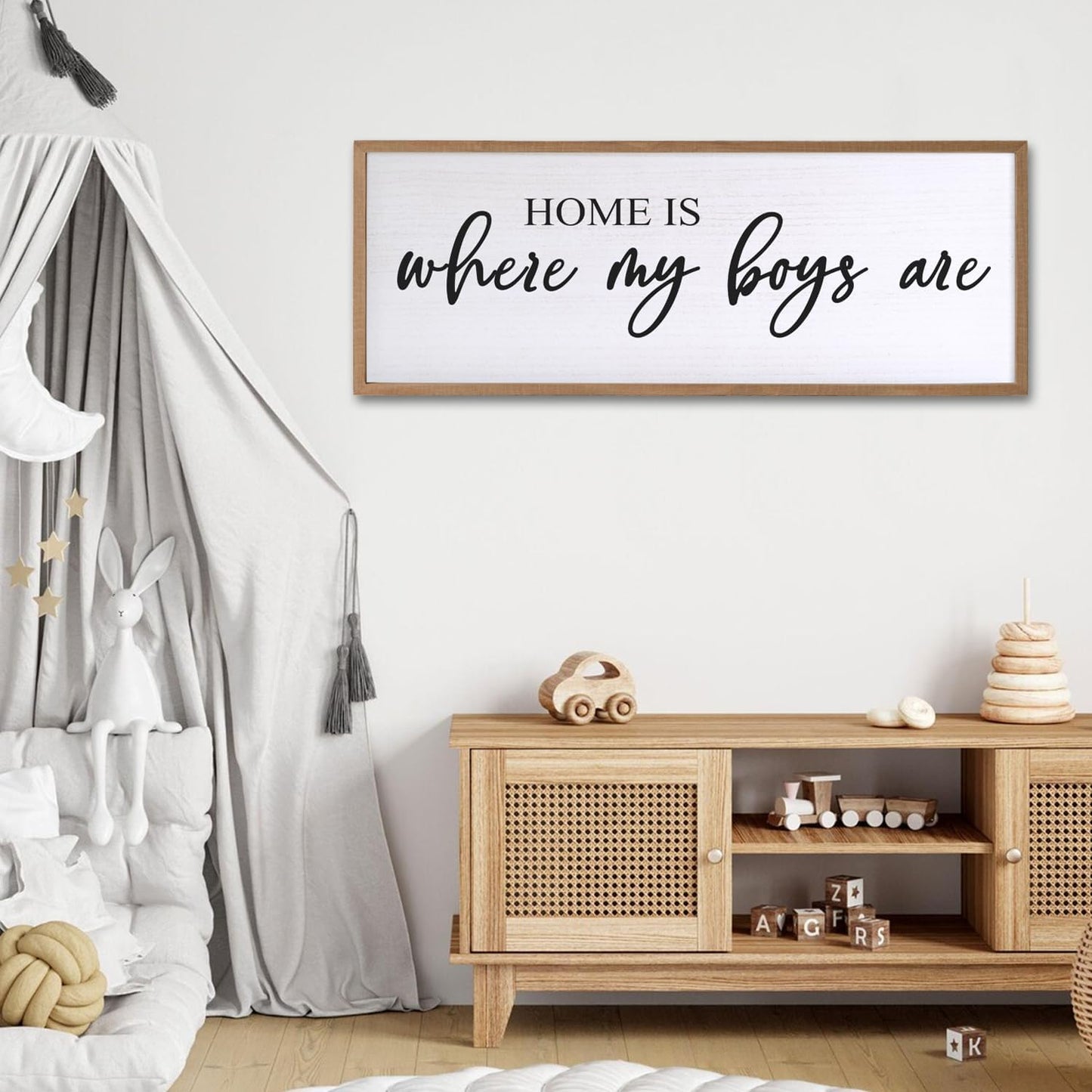 Home is Where My Boys are Sign Framed Wall Art, 40''×15'' Rustic Horizontal My Son Plaque with Natural Frame for Baby Kid Boy Son Teen Toddlers Room, Horizontal Mom of Boys Gifts Nursery Decor