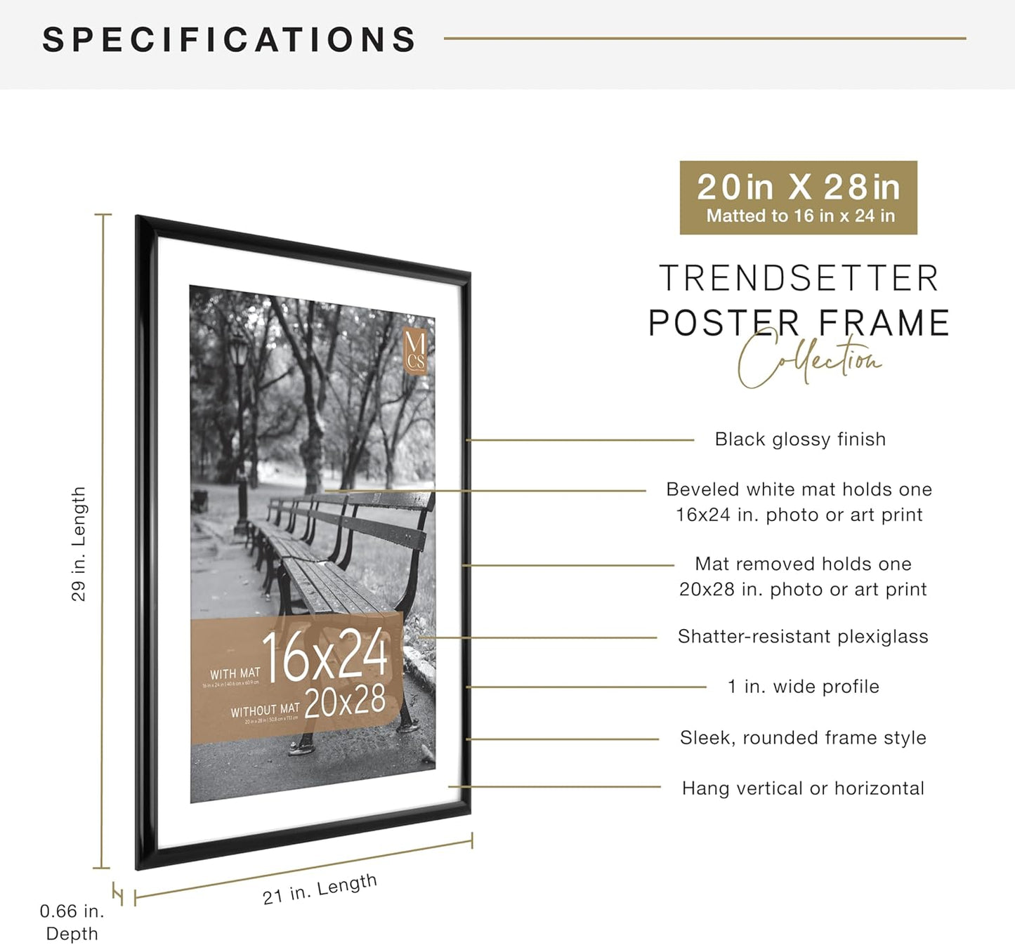 MCS Trendsetter 20x28 Matted Poster Frame with 16x24 Picture Display, Black Vertical & Horizontal Wall Hanging Large Picture Frame for Photos & Posters (1-Pack)