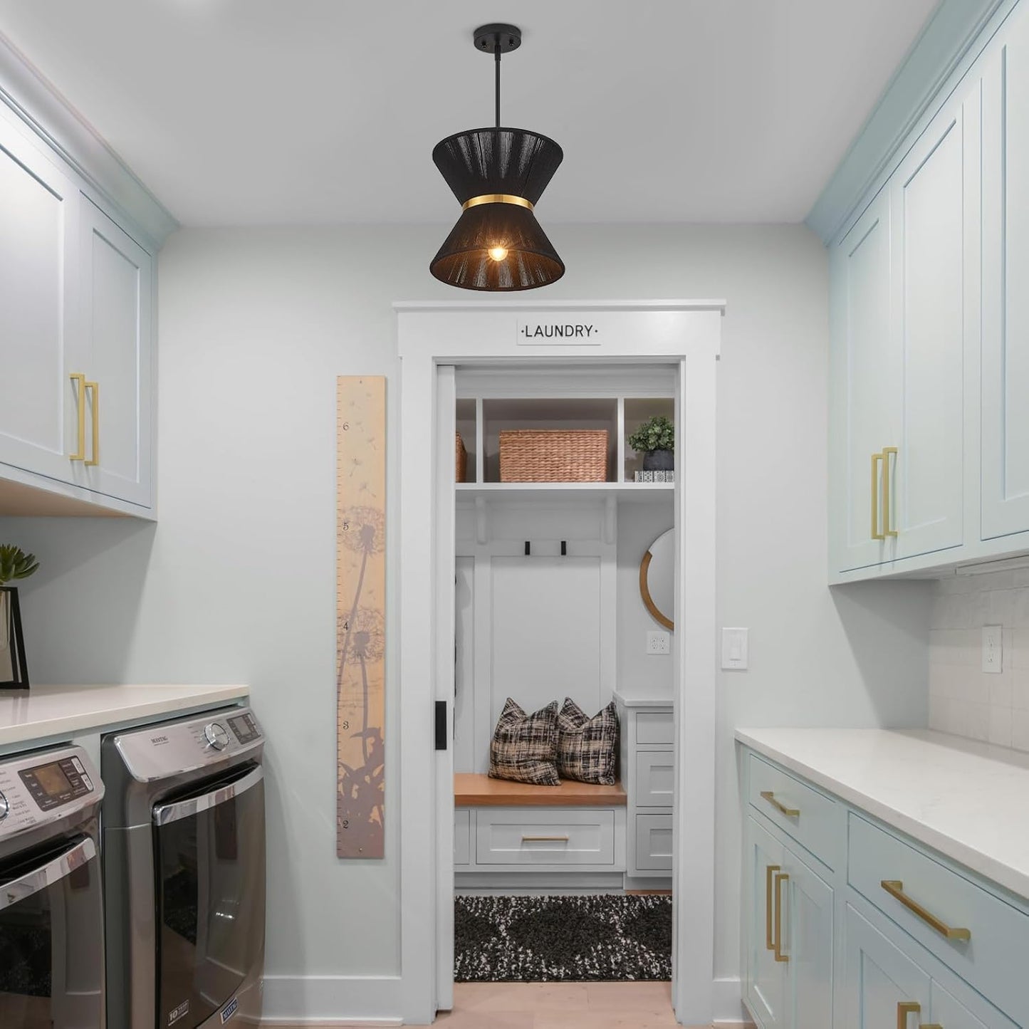 Hand Woven Boho Pendant Light Coastal Mini Modern Chandelier Adjustable Transitional Minimalist Pendant Lighting Fixtures for Kitchen Island Dining Room, Black, Dia 12.2”, UL Listed