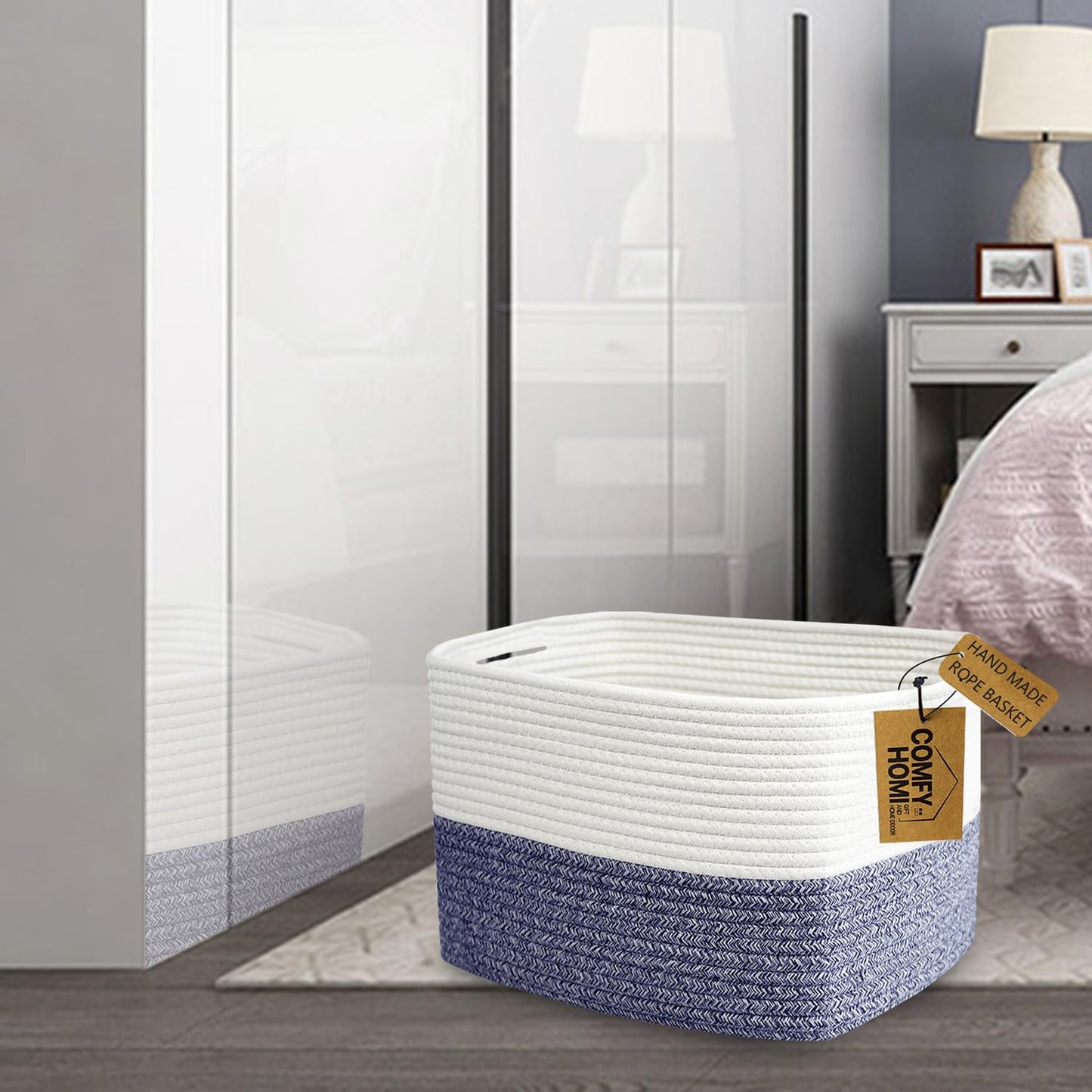 COMFY-HOMI Medium Cotton Rope Basket With Handles for Shelves|Dog Toy|Baby Gift Basket Empty for Organizing|NEW Generation 13.5" x 11" x 9.5" Living Room (Navy Blue)