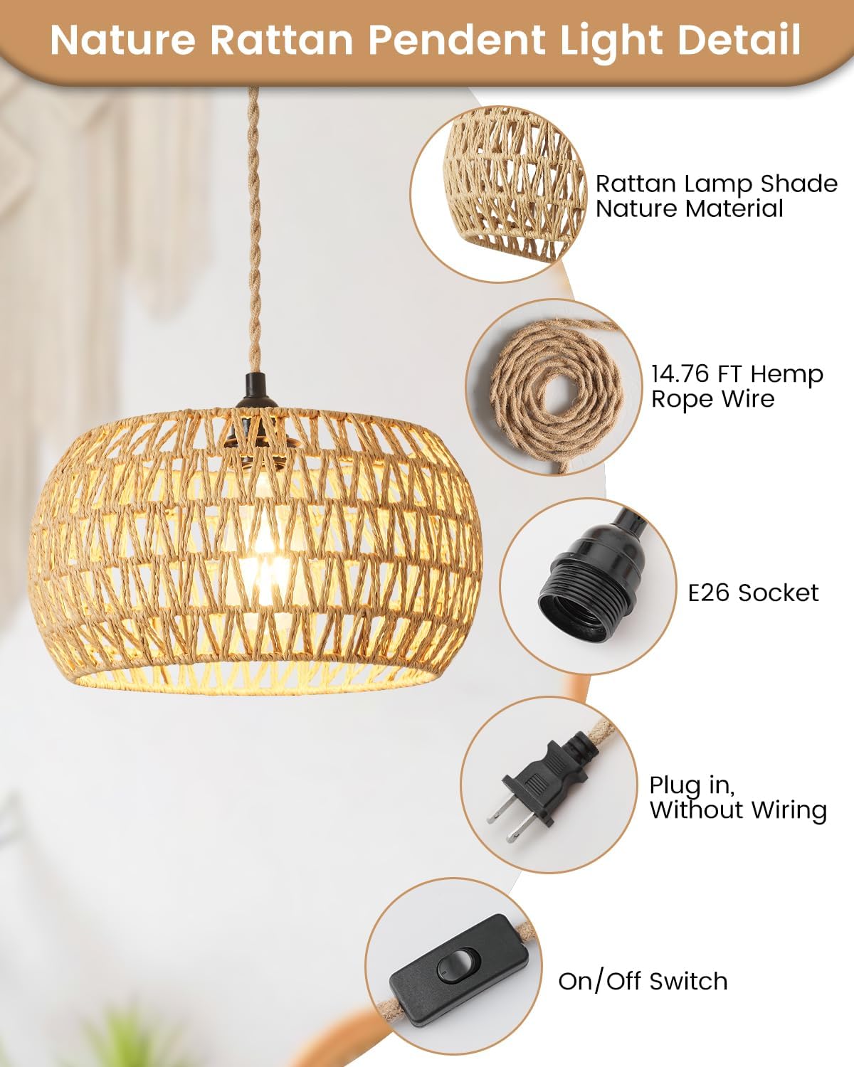 Rattan Boho Hanging Light,12.6'' Natural Hand Woven Fabric Drum Light,Plug Into Wall Outlet Pendant Light Fixture On/Off Switch for Dining,Living Room,Bedroom,Kitchen,Hallway Entryway, Without Bulb