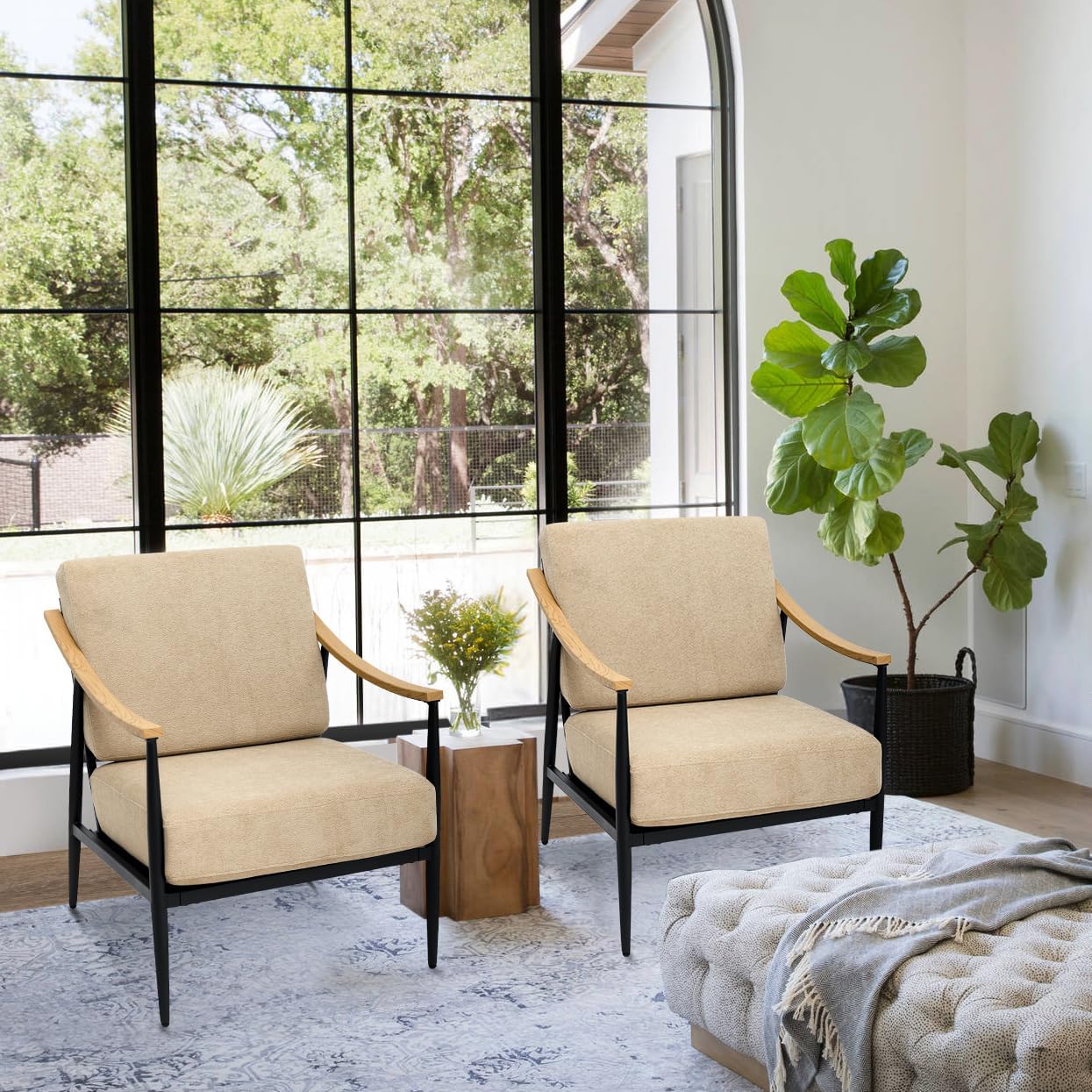 Modern Accent Chairs Set of 2 for Living Room Bedroom Mid Century Arm Chairs Upholstered Office Accent Chairs Comfy Waiting Room Chairs with Metal Frame, Khaki