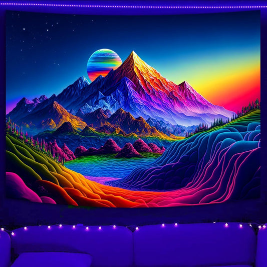 SparkLia Sunset Mountain Tapestry, Blacklight Colorful Forest Lake UV Reactive Tapestry, Neon Glow in the Dark Starry Stars Nature Landscape Wall Hanging Tapestries for Bedroom - 90" x 70"