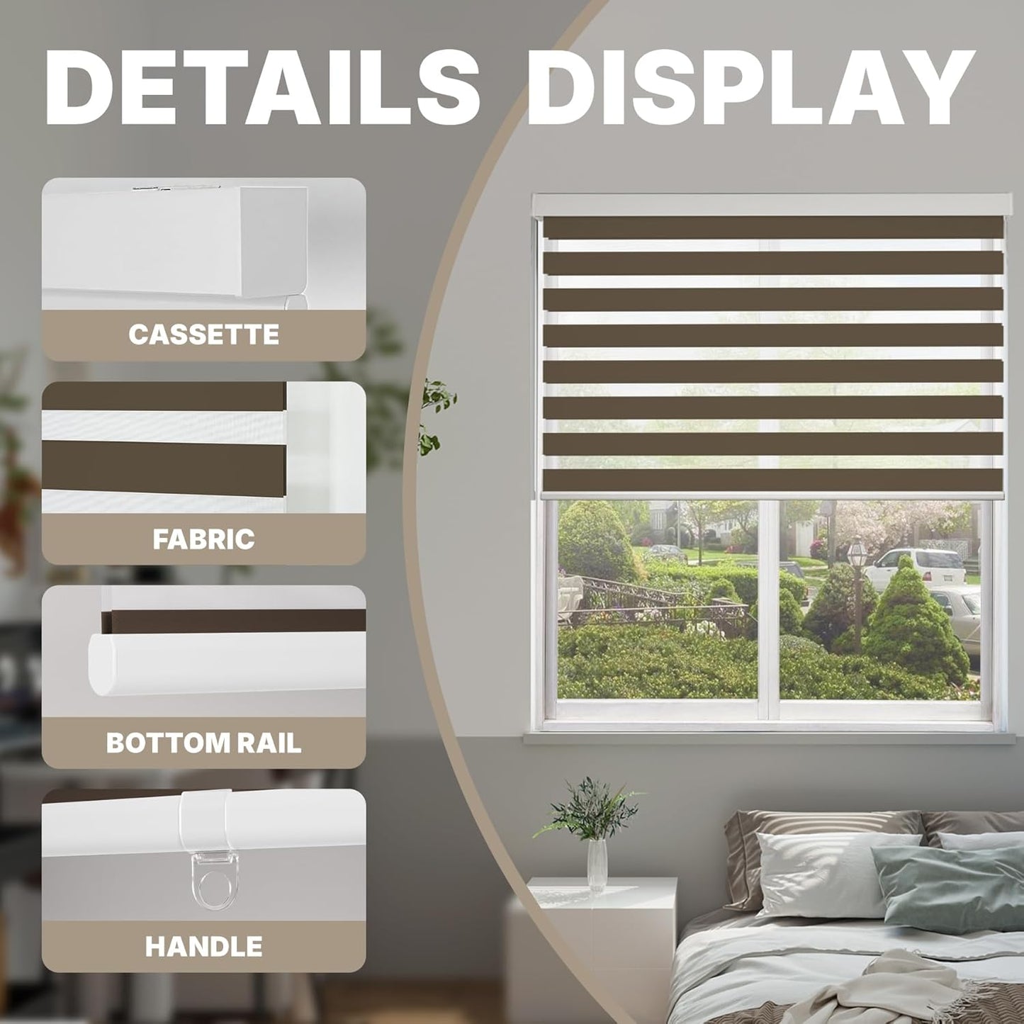 HESTIA Cordless Zebra Blinds Light Filtering Roller Shades UV Blocking Blackout Privacy Indoor Window Shades for Home Office Day and Night, Brown,39" W x 60" H