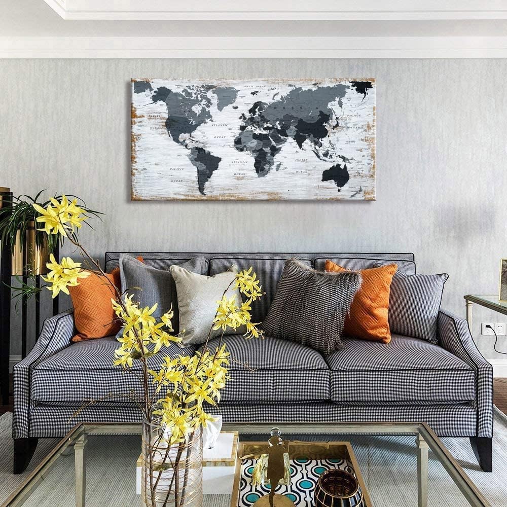 world map Canvas Wall Art Black Wall Decor Office Map of the world Pictures for Living Room Decoration Map Picture Framed Artwork for Home Bedroom Decoration 20"x40"